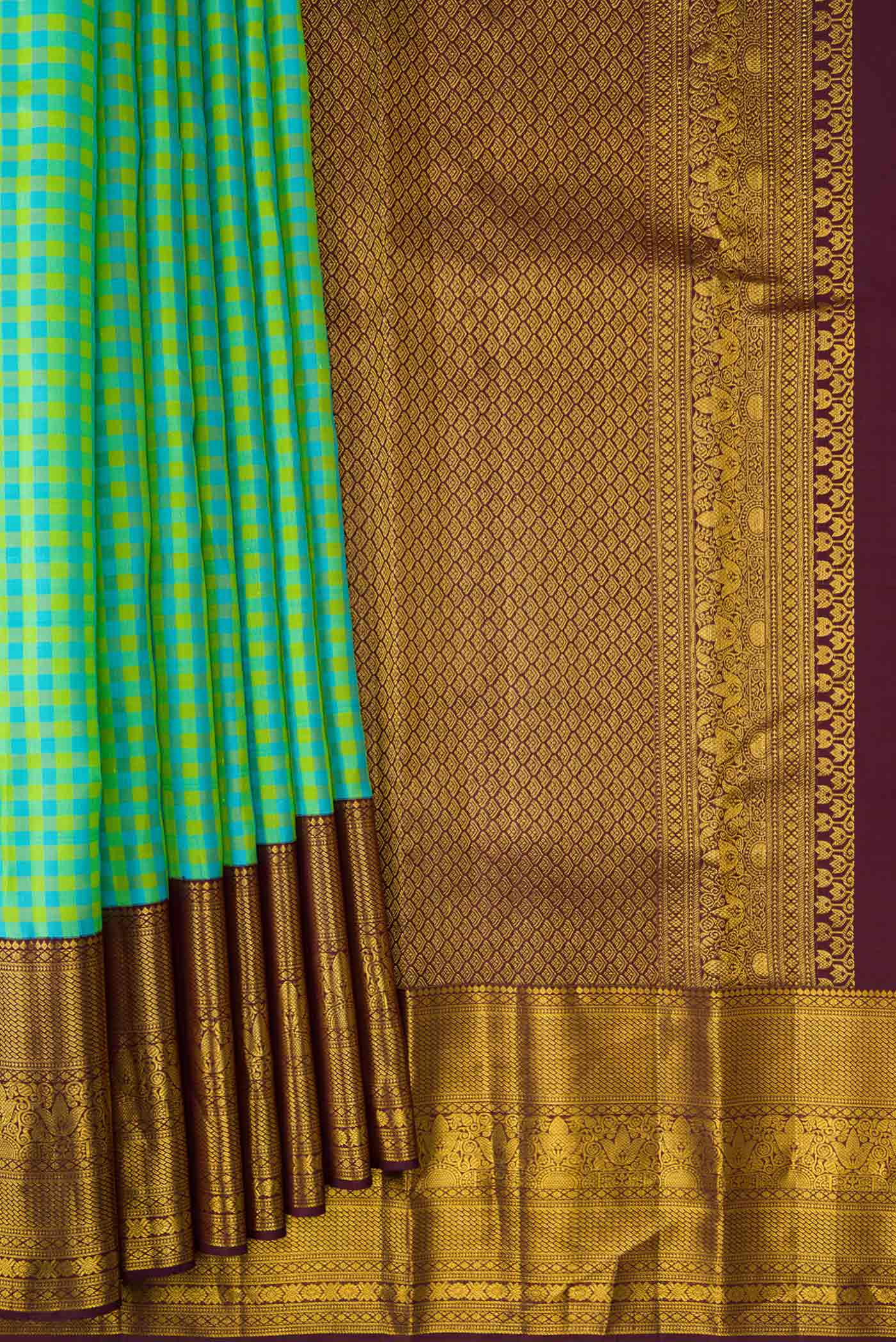 Pleats and pallu of Green, Sea Green and Yellow Color Kanjivaram Silk Saree with Checked design on the body and Zari Border. 