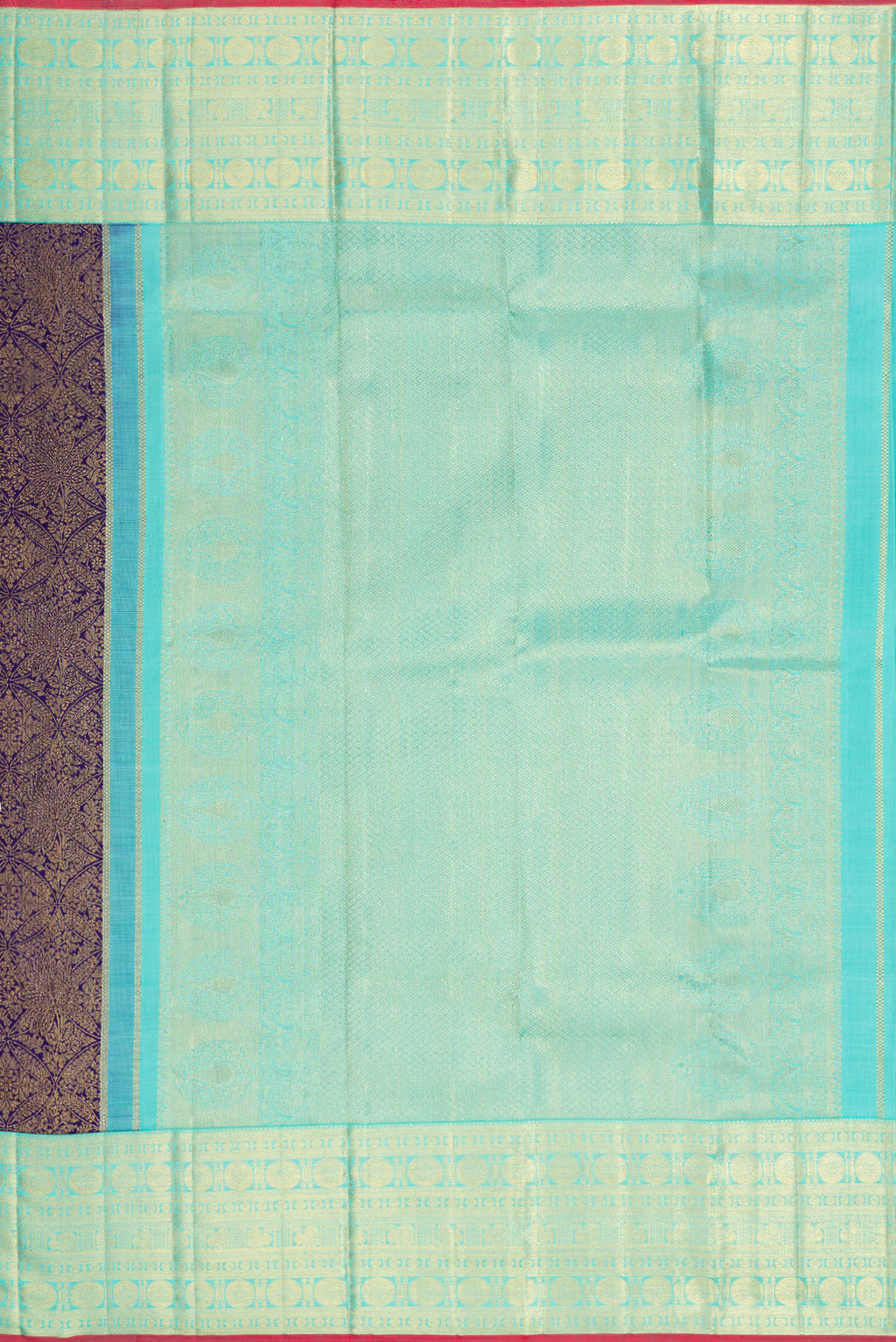 Close up image of the pallu of Navy Blue Dual Tone Kanchipuram Silk Saree with Zari Brocade on the body and Zari Border. 