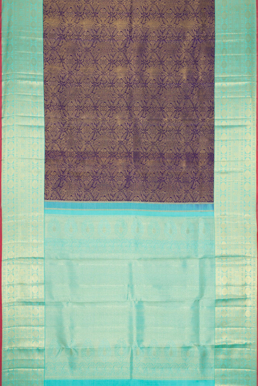 Flat view of Navy Blue Dual Tone Kanchipuram Silk Saree with Zari Brocade on the body and Zari Border. 
