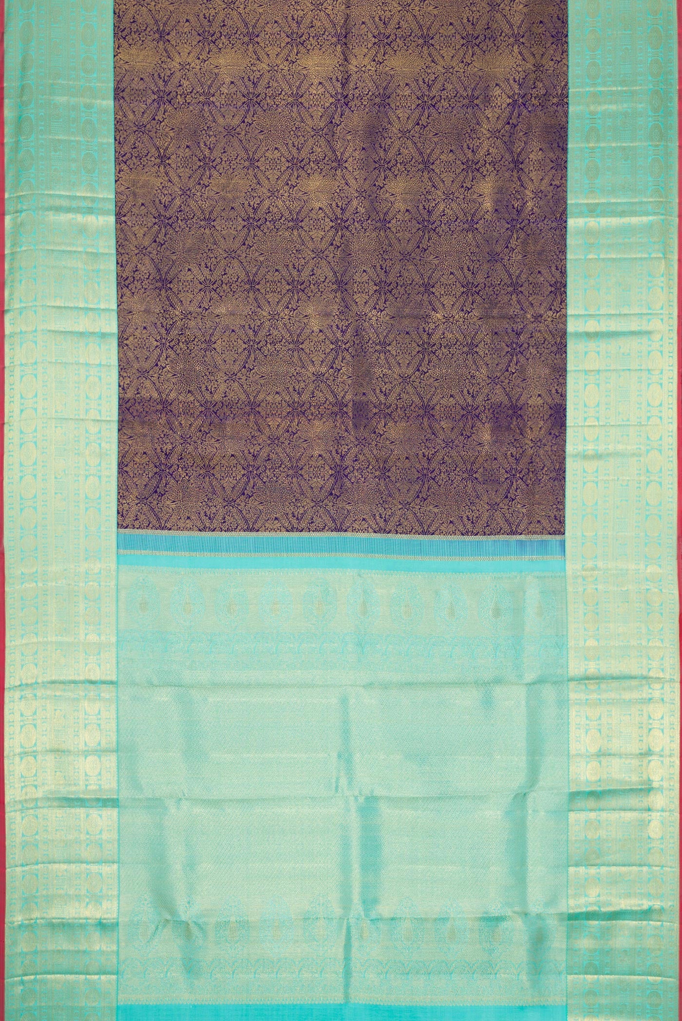 Flat view of Navy Blue Dual Tone Kanchipuram Silk Saree with Zari Brocade on the body and Zari Border. 