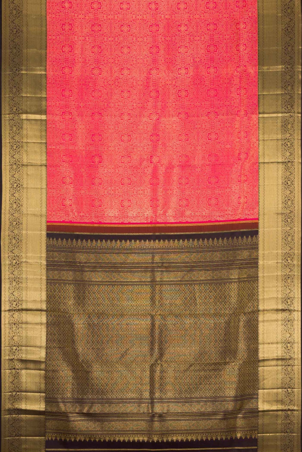 Flat view of Pink Dual Tone Kanchipuram Saree with Zari Brocade on the body and Zari Border