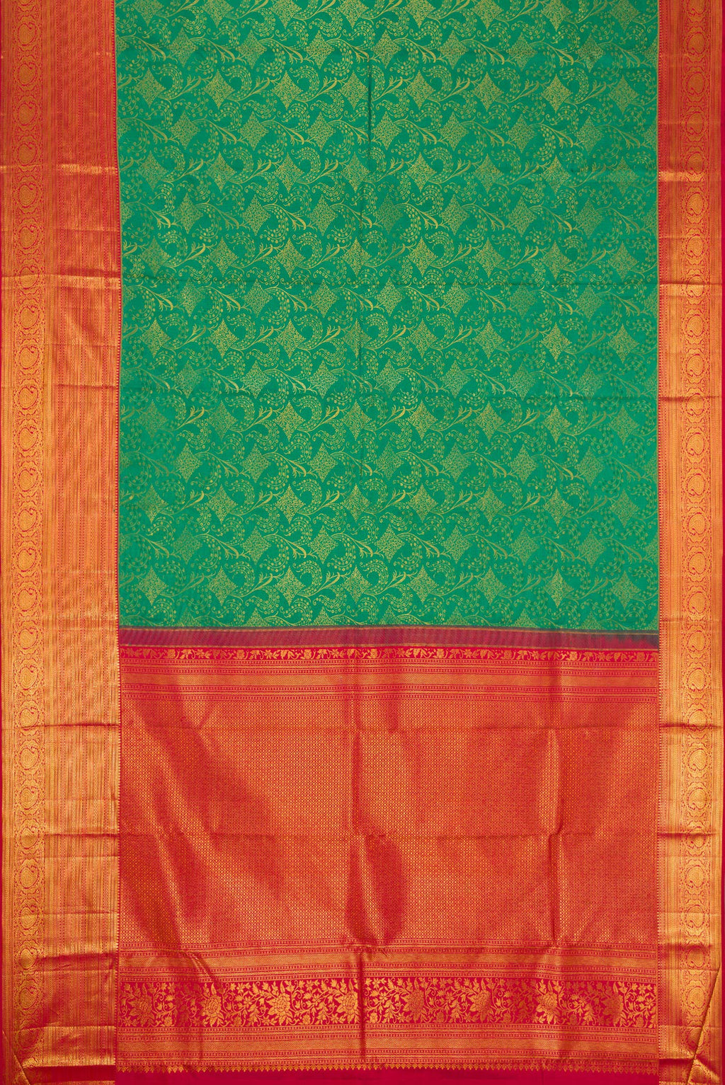 Flat view of Green Dual Tone Kanchipuram Silk Saree with Zari Brocade on the body and Zari Border. 