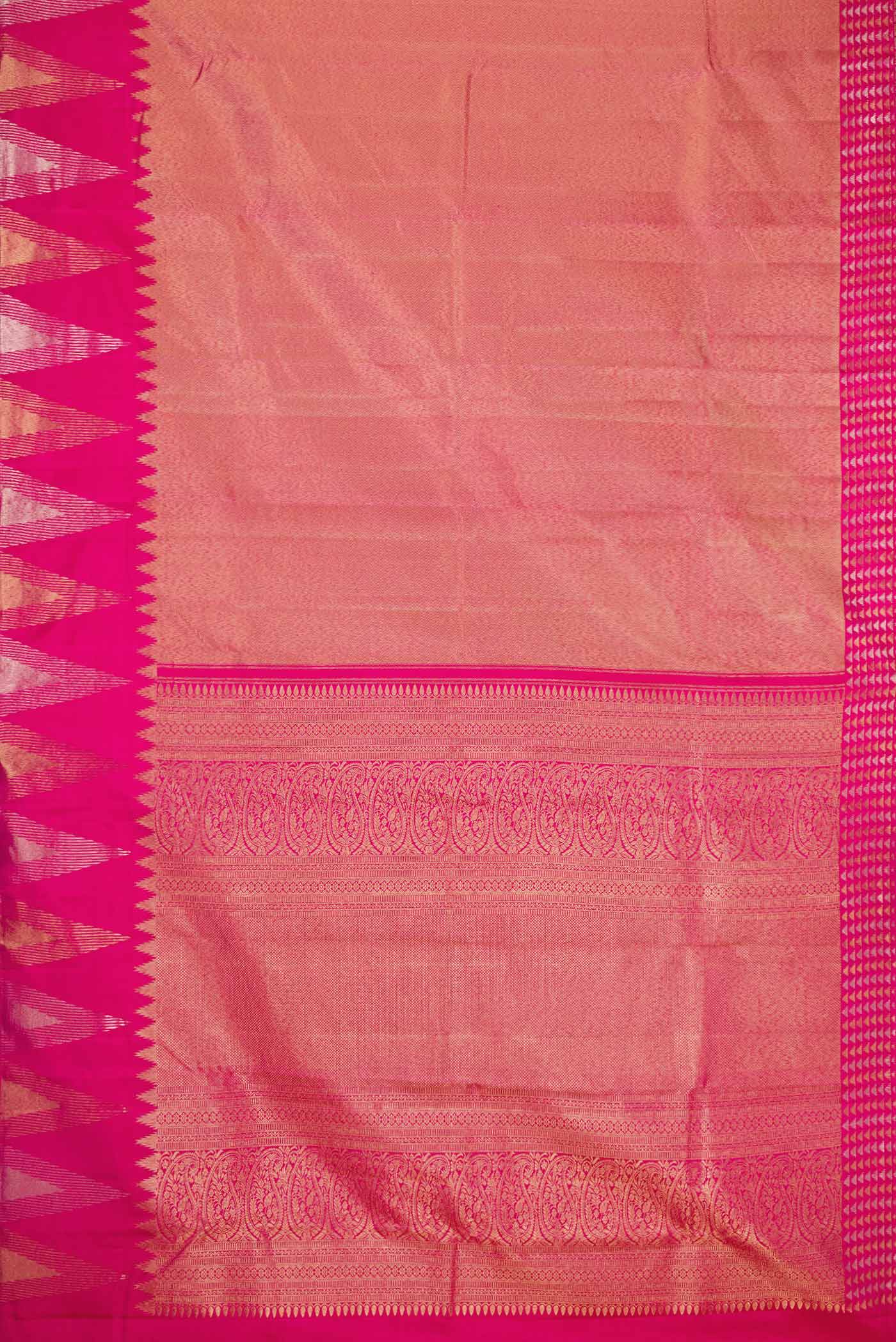 Flat view of Pink Dual Tone Kanchipuram Silk Saree with Zari Brocade on the body and Fancy Border