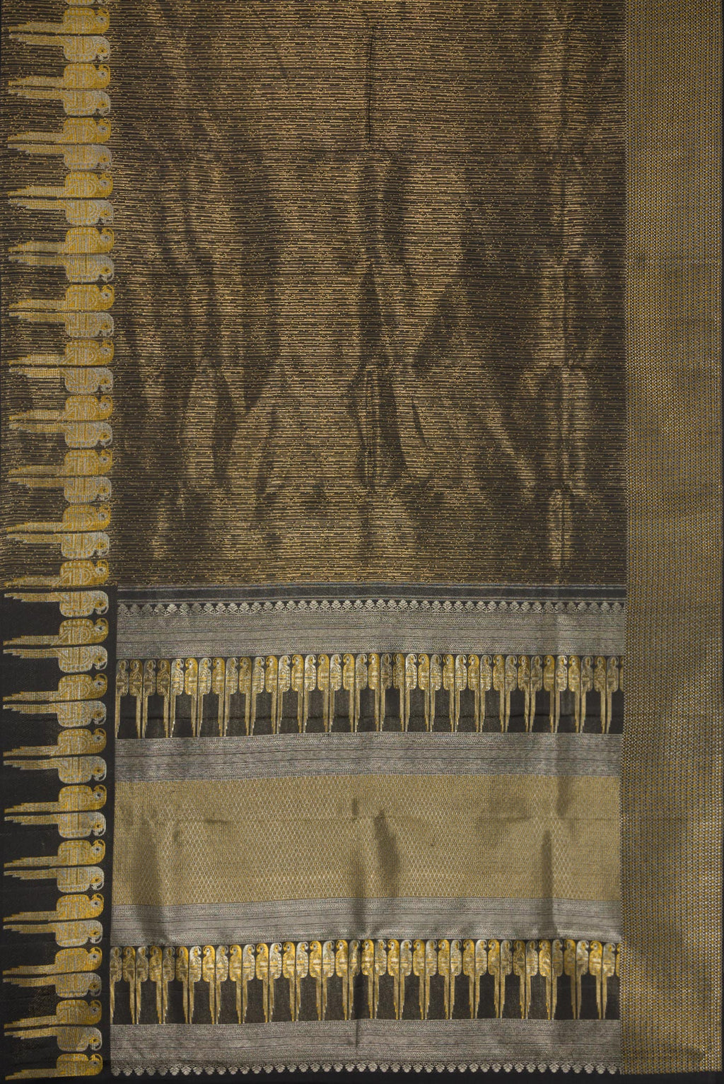 Flat view of Black Dual Tone Kanjivaram Silk Saree with Zari Brocade on the body and Fancy Border. 