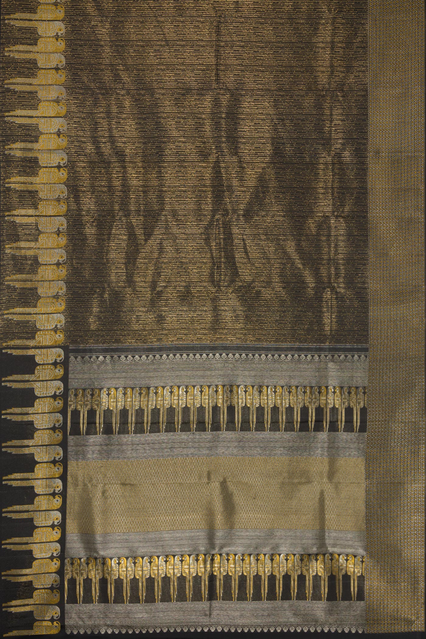 Flat view of Black Dual Tone Kanjivaram Silk Saree with Zari Brocade on the body and Fancy Border. 