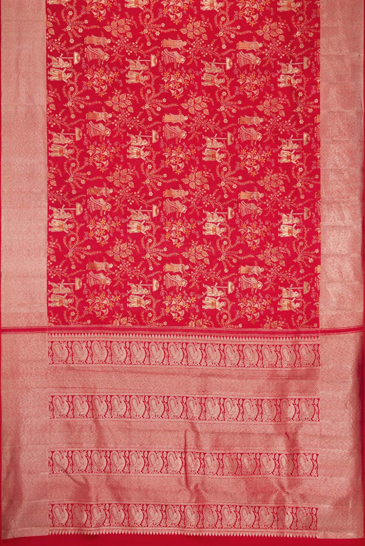 Flat view of Red Dual Tone Kanjivaram Silk Saree with Zari Brocade on the body and Zari Border. 