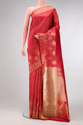 Red Dual Tone Kanjivaram Silk Saree with Zari Brocade on the body and Fancy Border.  displayed on a mannequin