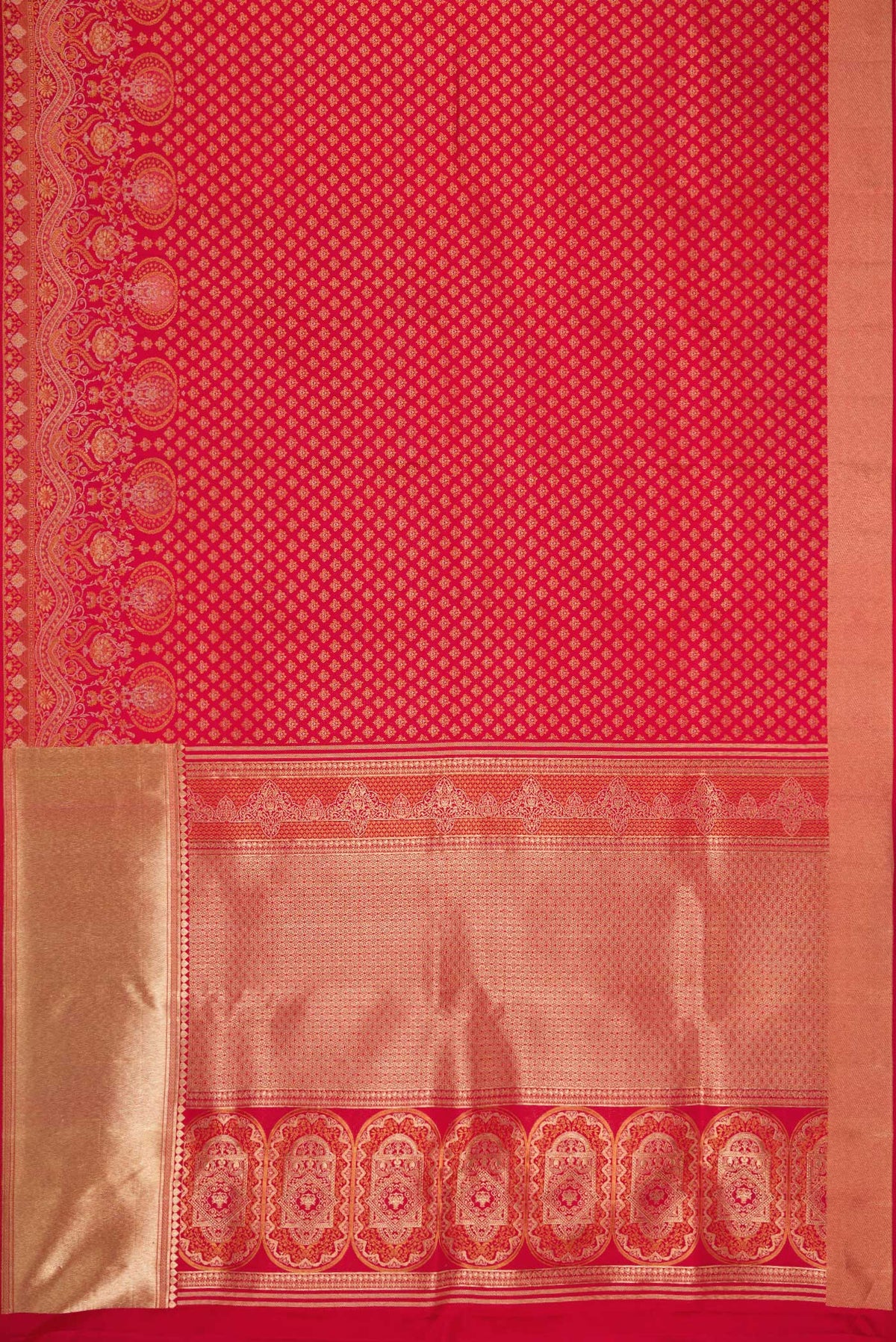 Flat view of Red Dual Tone Kanjivaram Silk Saree with Zari Brocade on the body and Fancy Border. 