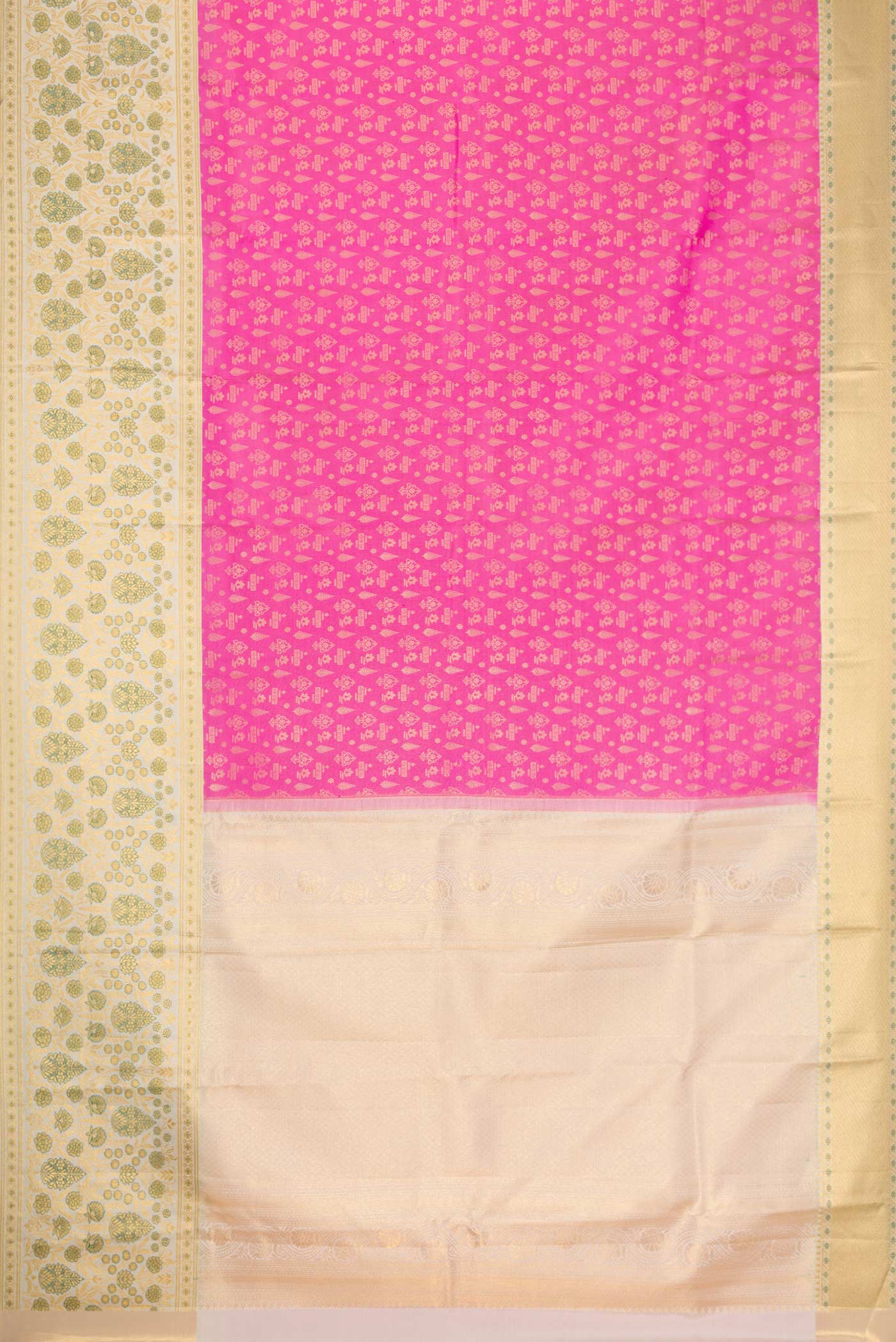 Flat view of Pink Dual Tone Kanjivaram Silk Saree with Zari Brocade on the body and Fancy Border. 