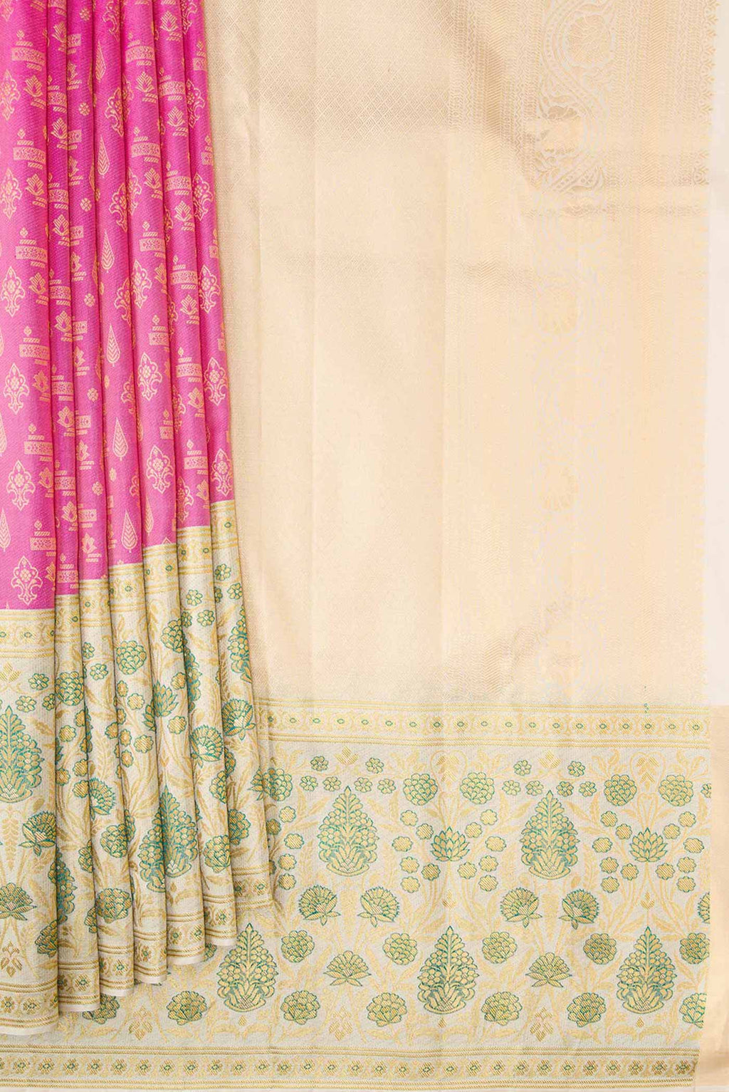 Pleats and pallu of Pink Dual Tone Kanjivaram Silk Saree with Zari Brocade on the body and Fancy Border. 
