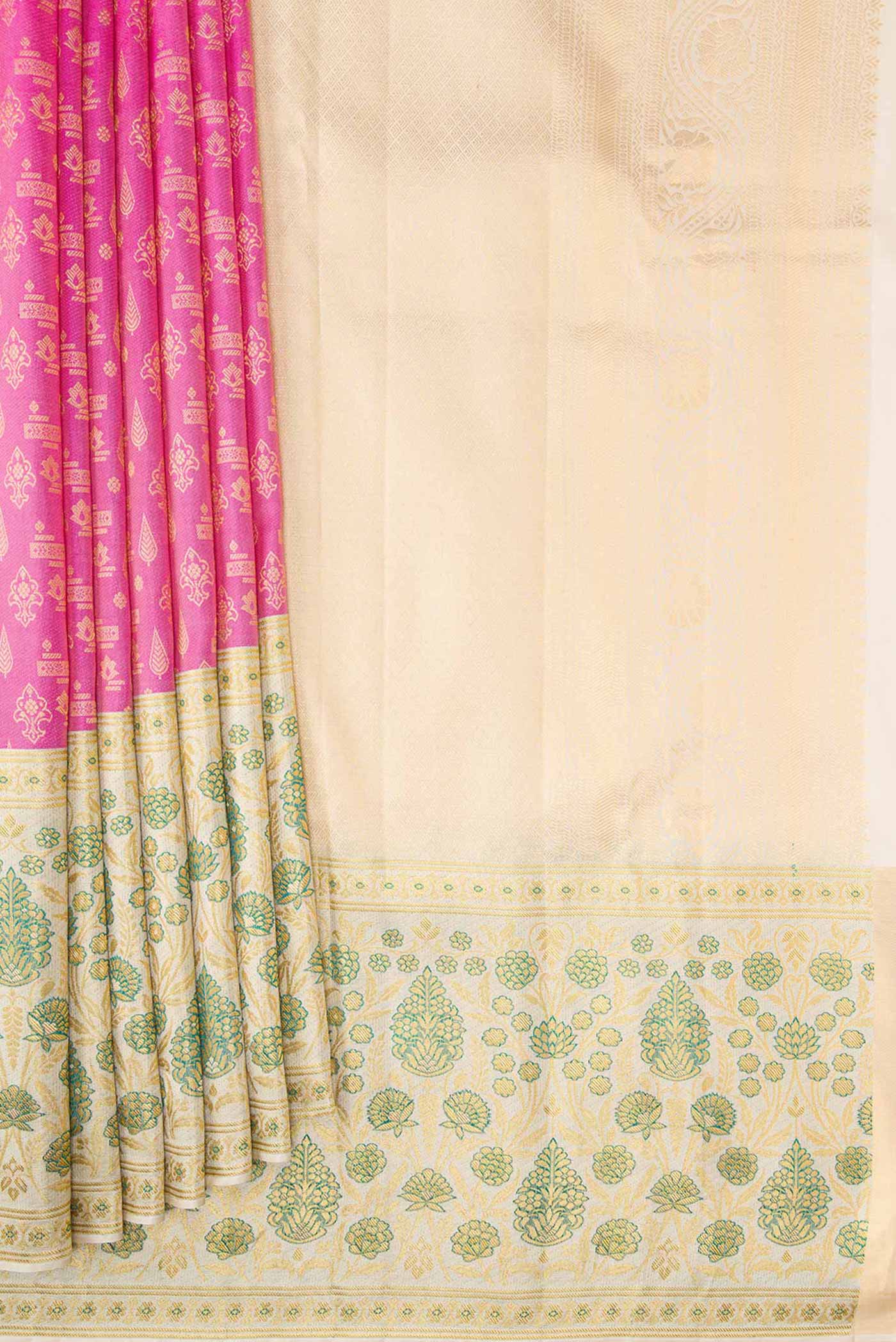 Pleats and pallu of Pink Dual Tone Kanjivaram Silk Saree with Zari Brocade on the body and Fancy Border. 