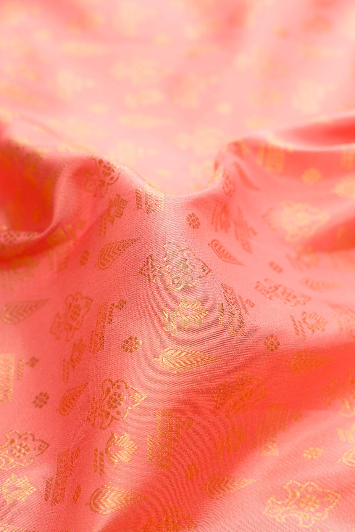 Close up of Pink Dual Tone Kanjivaram Silk Saree with Zari Brocade on the body and Fancy Border.  displaying folds