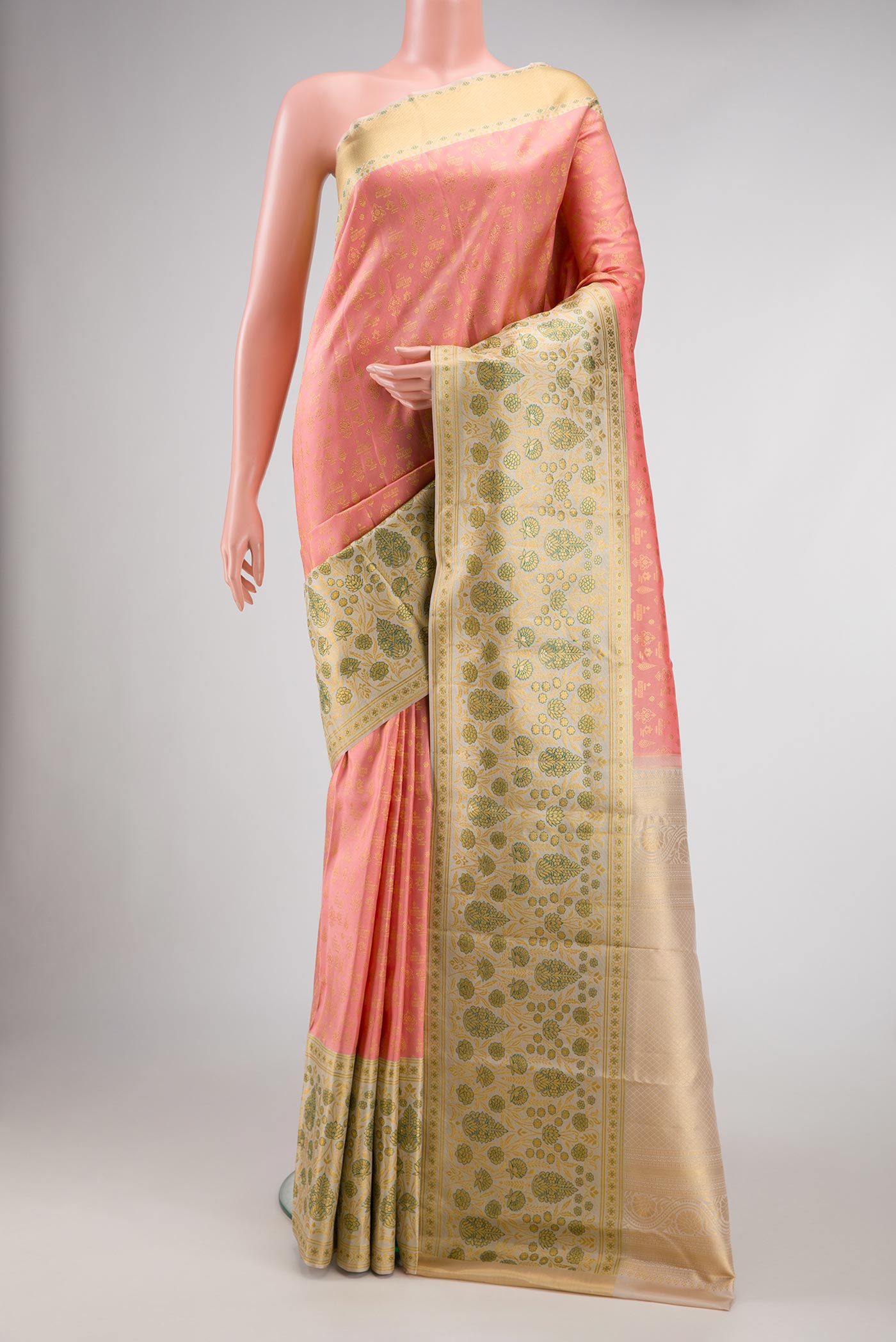 Pink Dual Tone Kanjivaram Silk Saree with Zari Brocade on the body and Fancy Border.  displayed on a mannequin