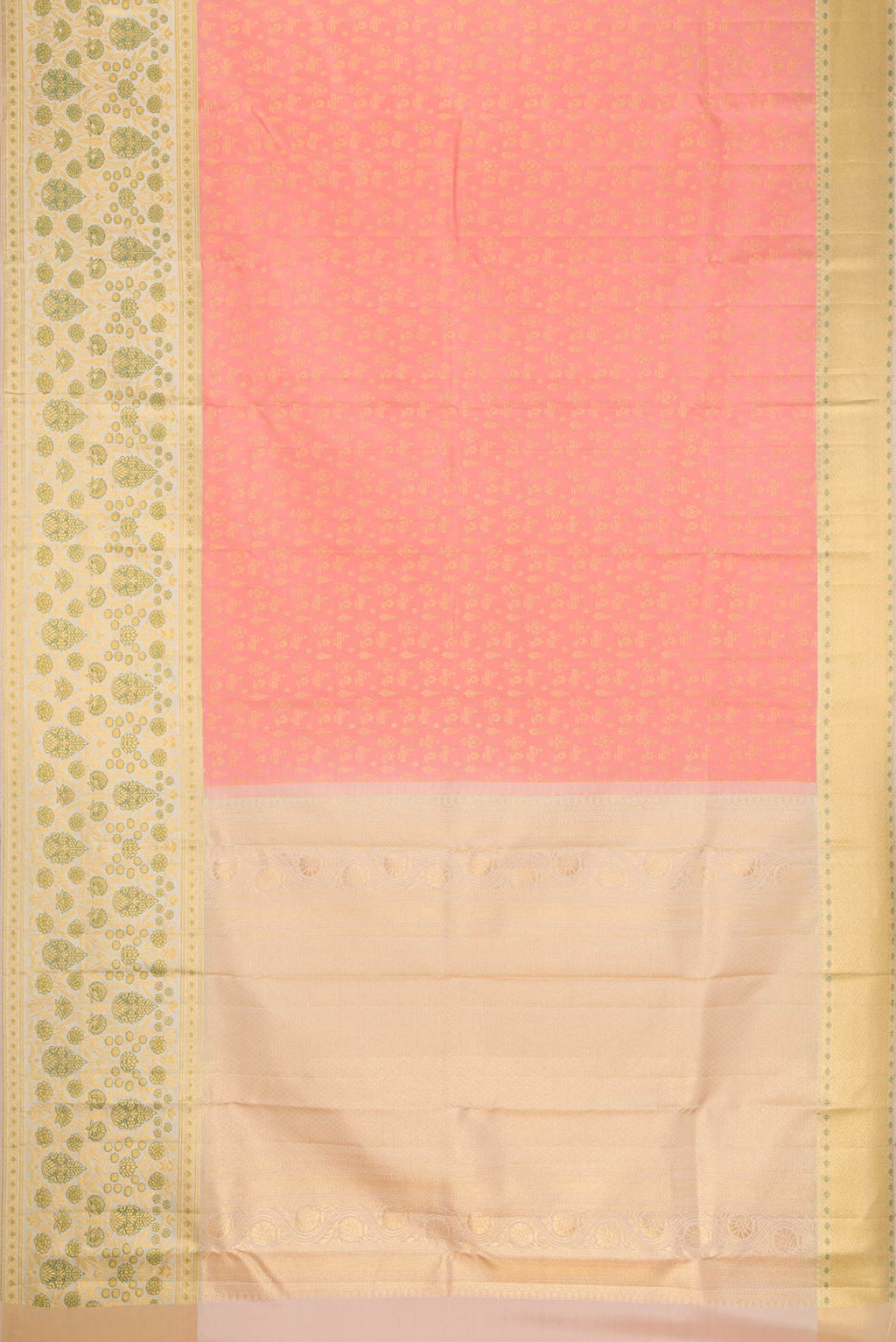 Flat view of Pink Dual Tone Kanjivaram Silk Saree with Zari Brocade on the body and Fancy Border. 