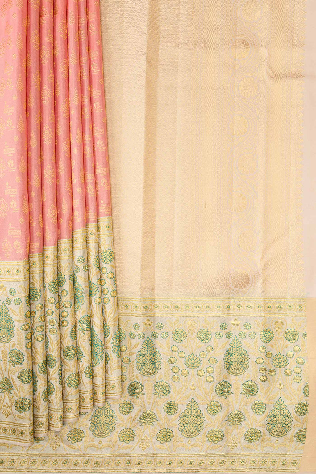 Pleats and pallu of Pink Dual Tone Kanjivaram Silk Saree with Zari Brocade on the body and Fancy Border. 
