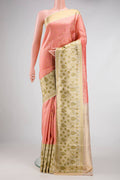 Golden Peach Dual Tone Kanjivaram Silk Saree with Zari Brocade on the body and Fancy Border.  displayed on a mannequin