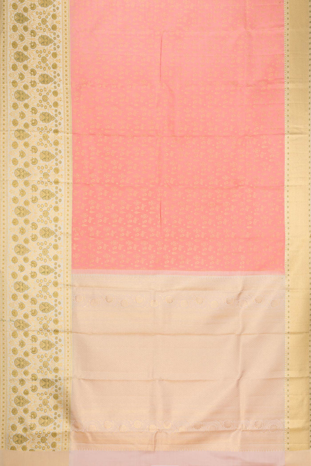 Flat view of Golden Peach Dual Tone Kanjivaram Silk Saree with Zari Brocade on the body and Fancy Border. 