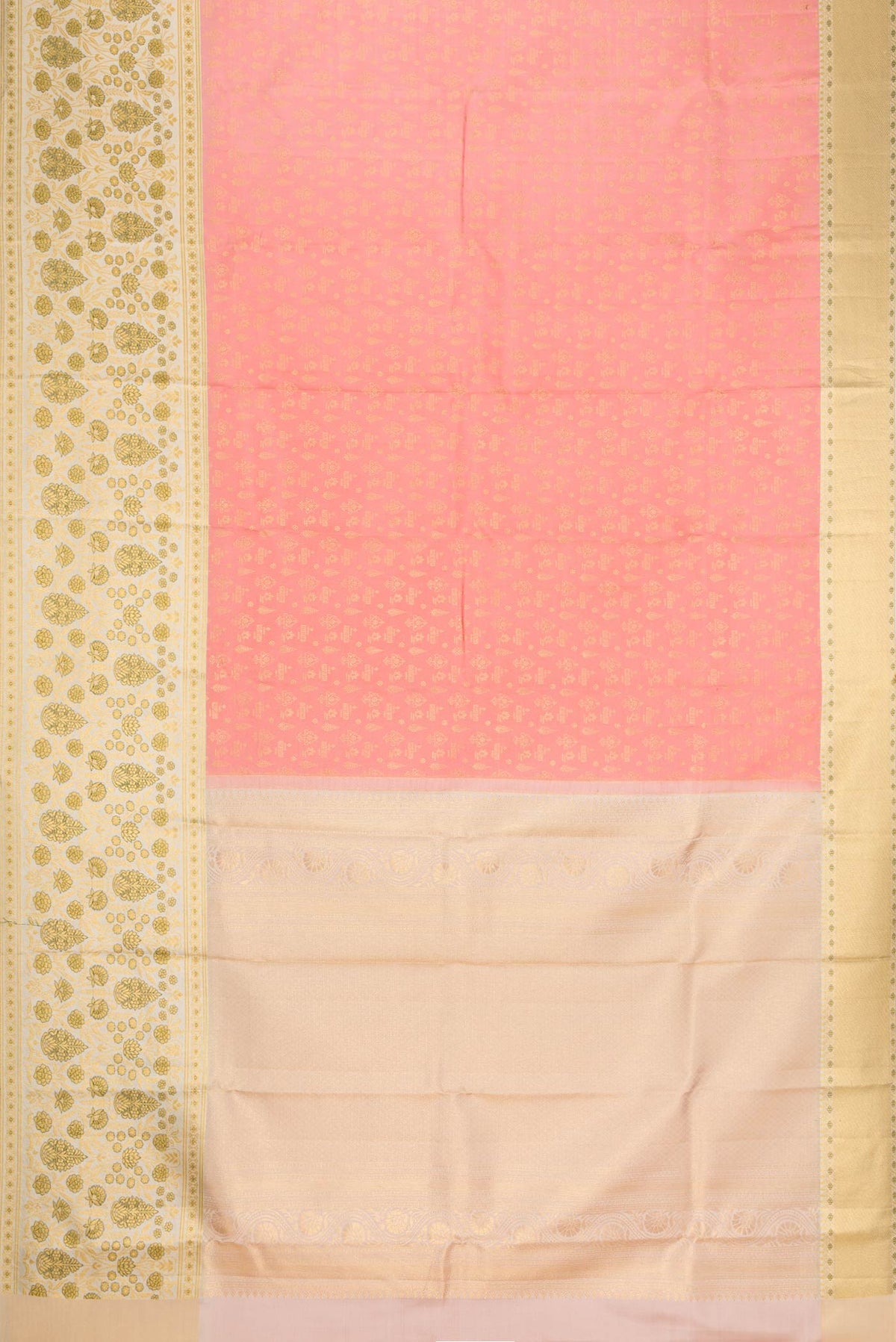 Flat view of Golden Peach Dual Tone Kanjivaram Silk Saree with Zari Brocade on the body and Fancy Border. 