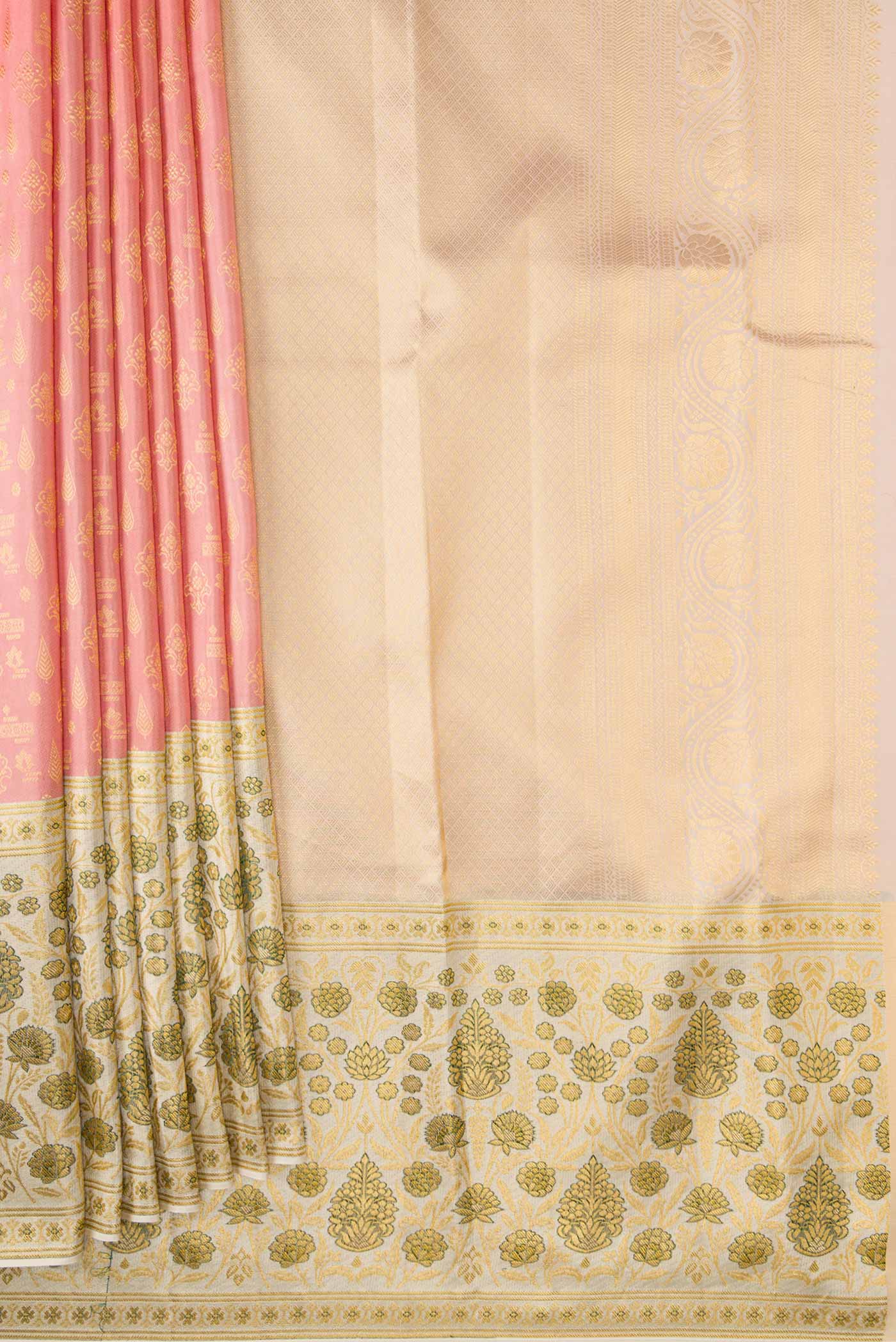 Pleats and pallu of Golden Peach Dual Tone Kanjivaram Silk Saree with Zari Brocade on the body and Fancy Border. 
