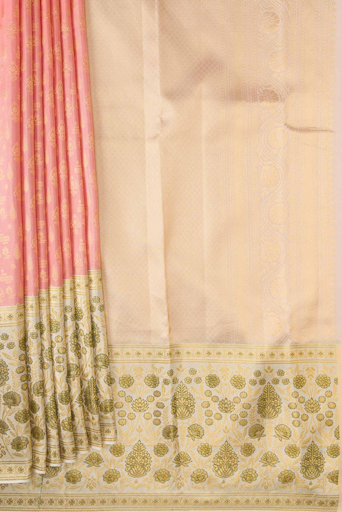 Pleats and pallu of Golden Peach Dual Tone Kanjivaram Silk Saree with Zari Brocade on the body and Fancy Border. 