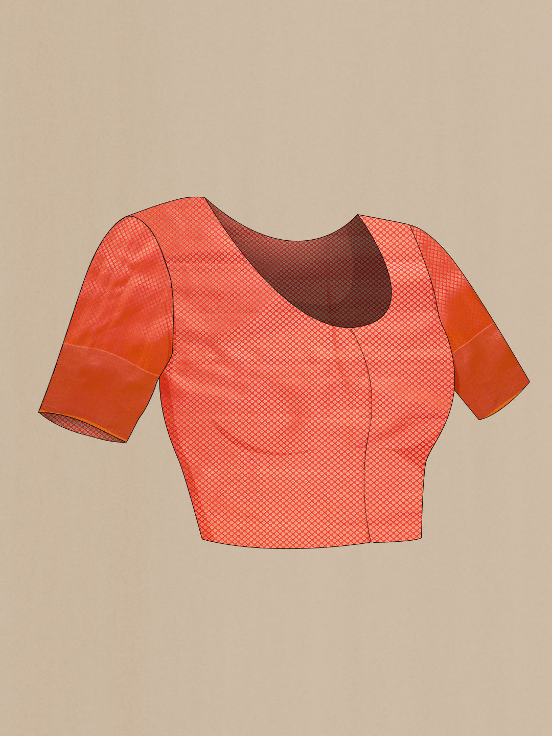 Close up image of the blouse of Brick Orange Dual Tone Kanjivaram Silk Saree with Zari Brocade on the body and Zari Border. 