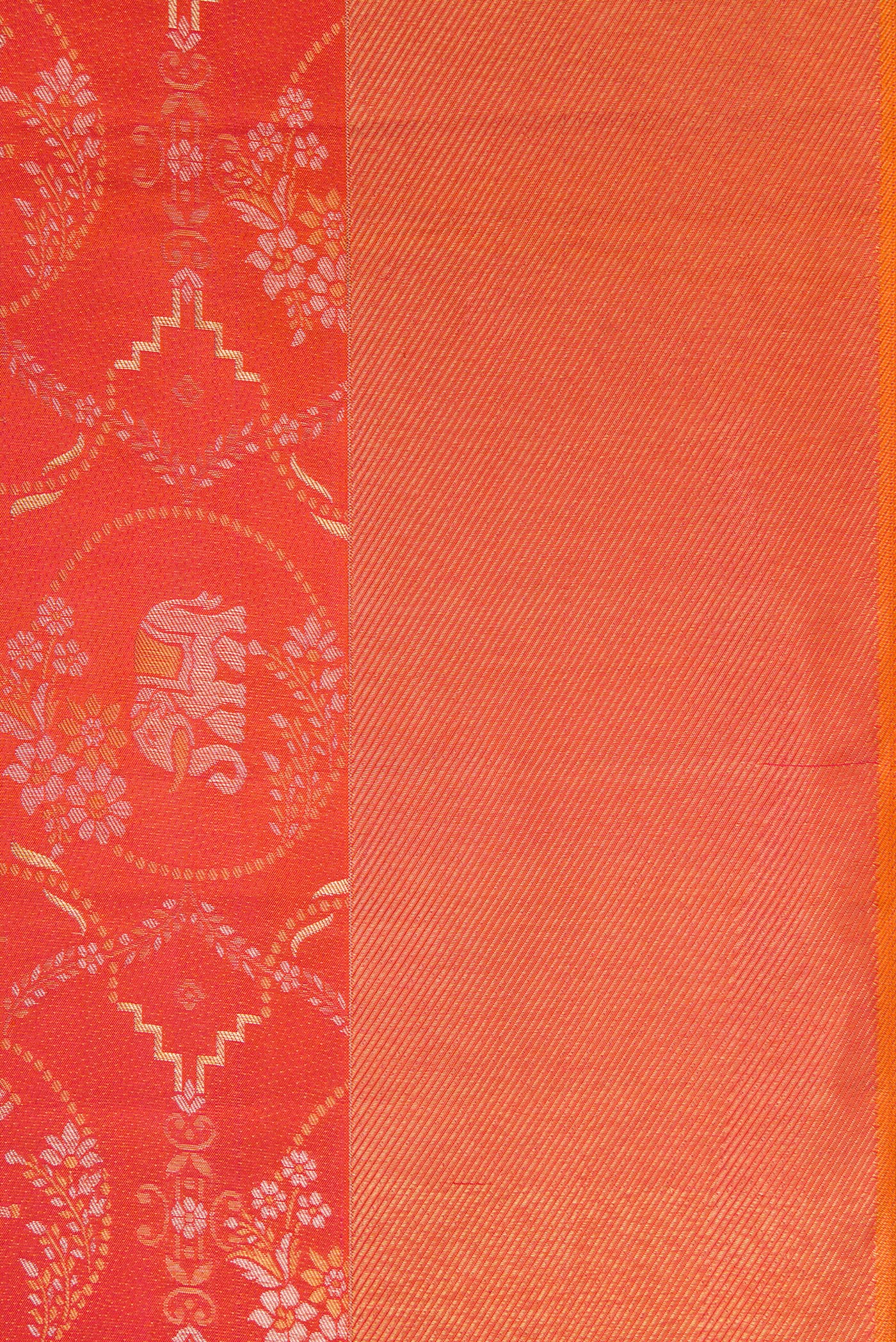 Border image of Brick Orange Dual Tone Kanjivaram Silk Saree with Zari Brocade on the body and Zari Border. 