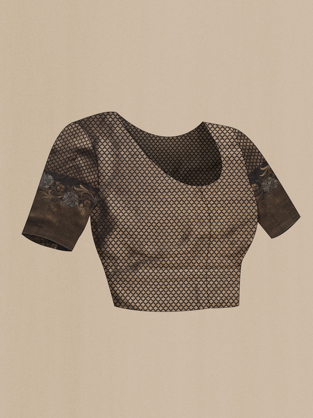 Close up image of the blouse of Black Dual Tone Kanjivaram Silk Saree with Zari Butta on the body and Fancy Border. 