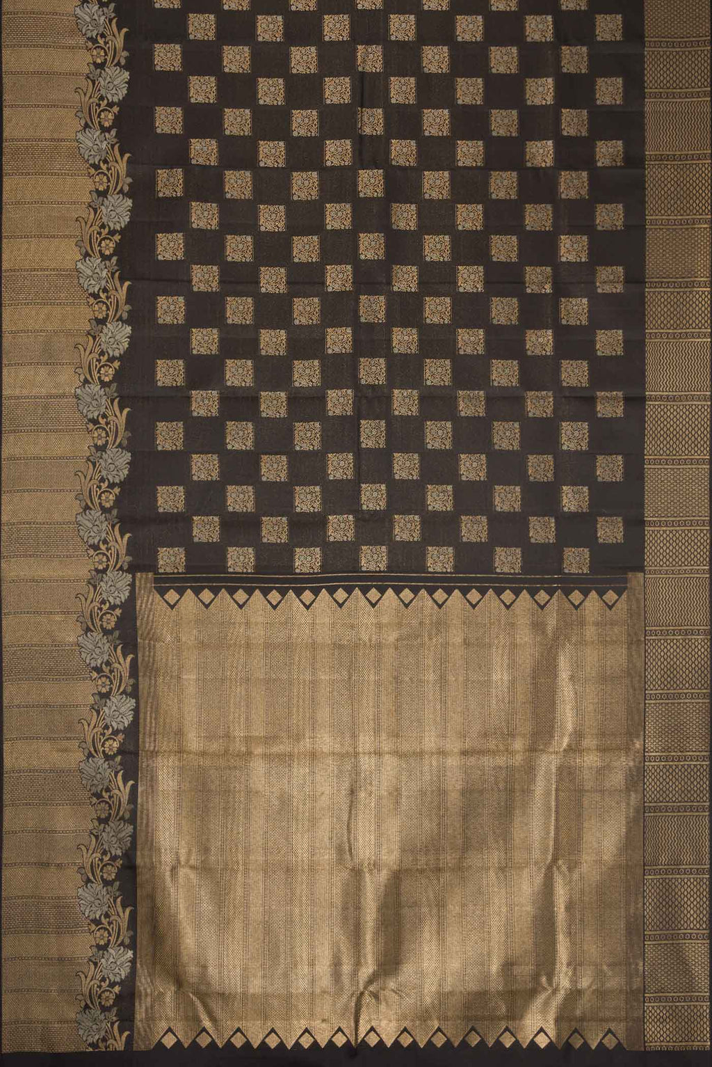 Flat view of Black Dual Tone Kanjivaram Silk Saree with Zari Butta on the body and Fancy Border. 