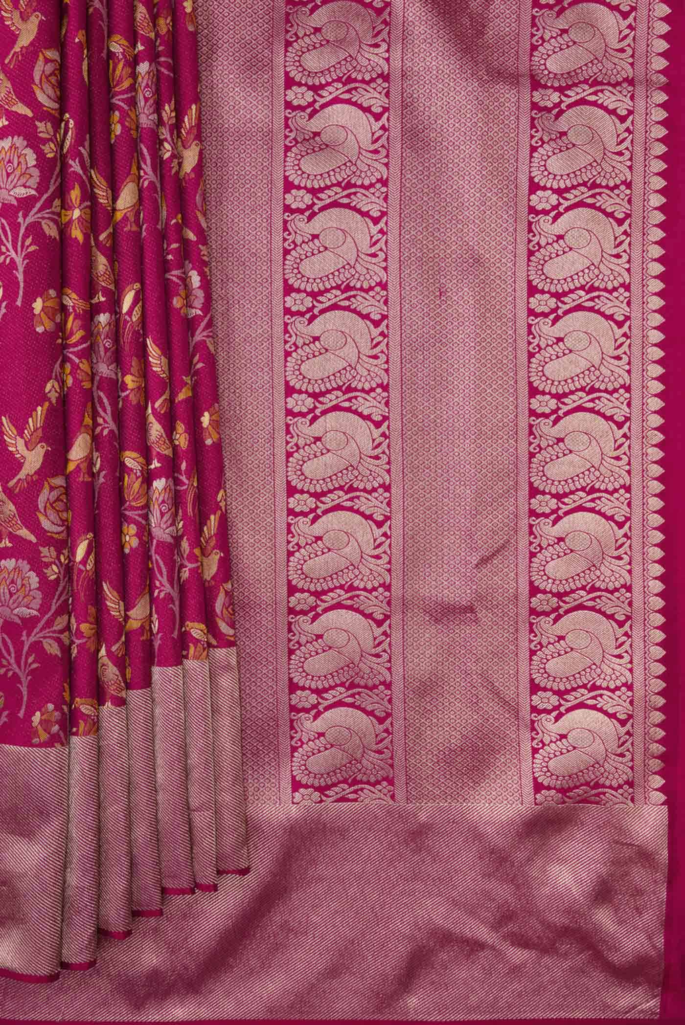Pleats and pallu of Magenta Dual Tone Kanjivaram Silk Saree with Zari Brocade on the body and Zari Border. 