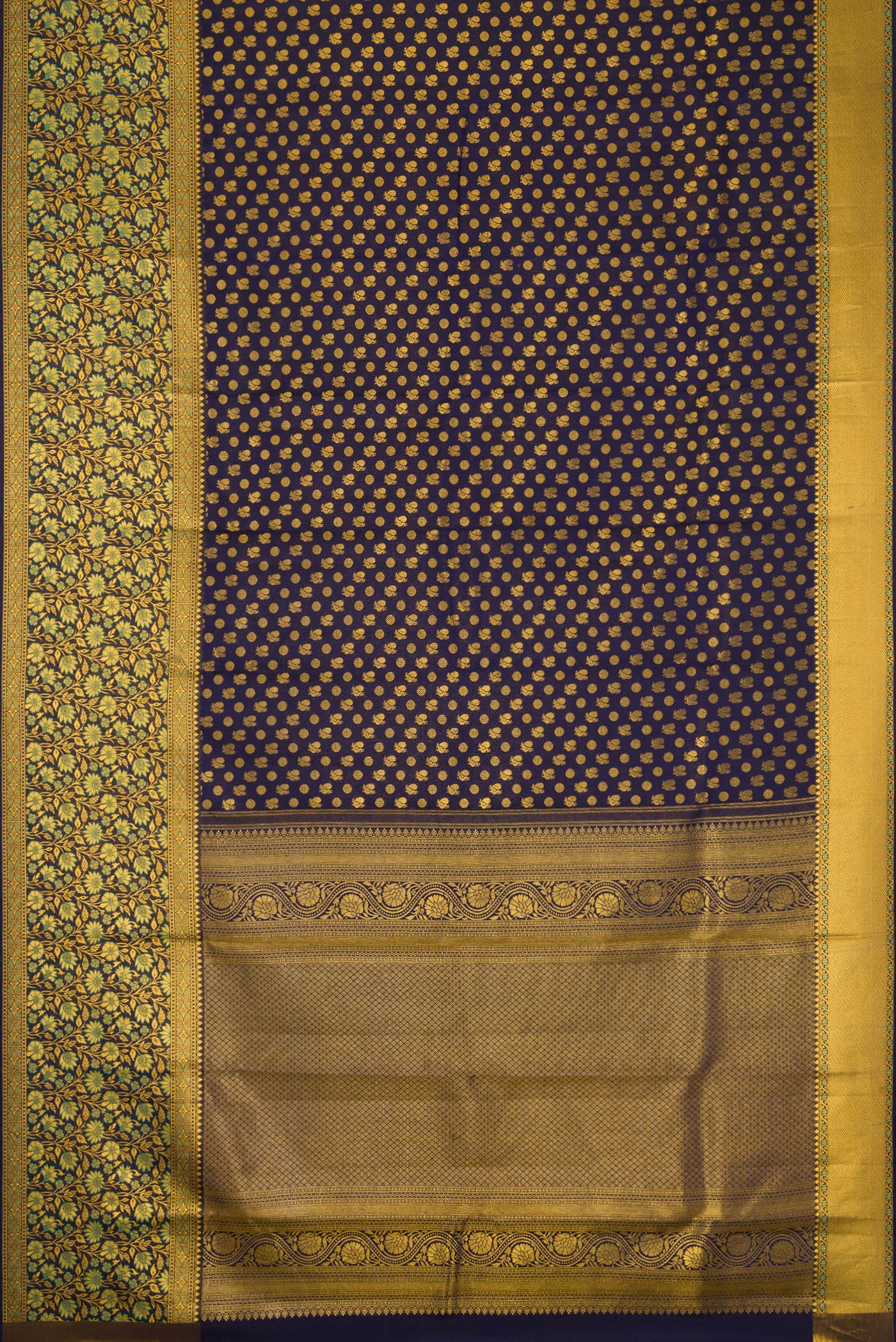 Flat view of Navy Blue Dual Tone Kanjivaram Silk Saree with Zari Brocade on the body and Fancy Border. 