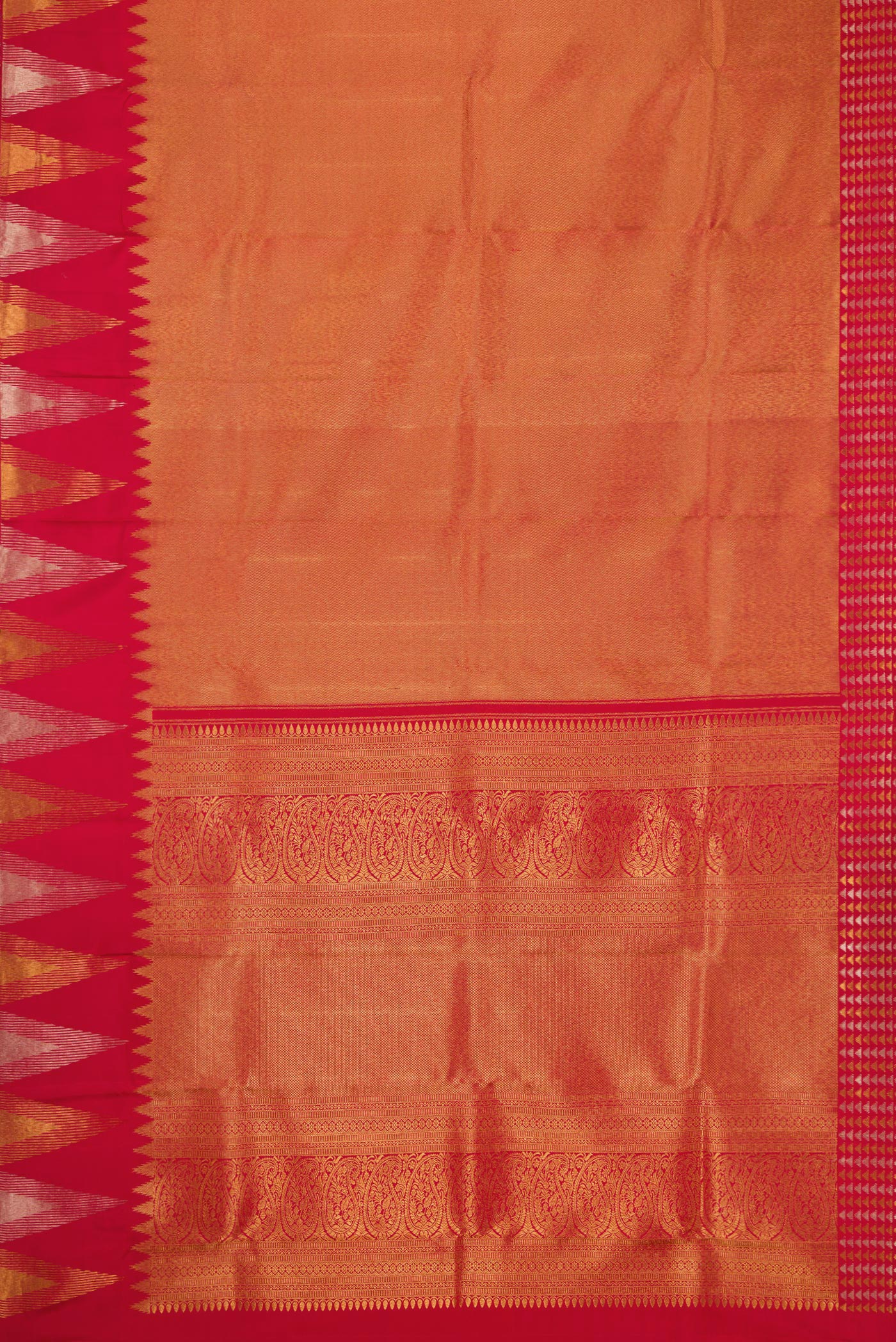 Flat view of Red Dual Tone Kanjivaram Silk Saree with Zari Brocade on the body and Temple Border. 