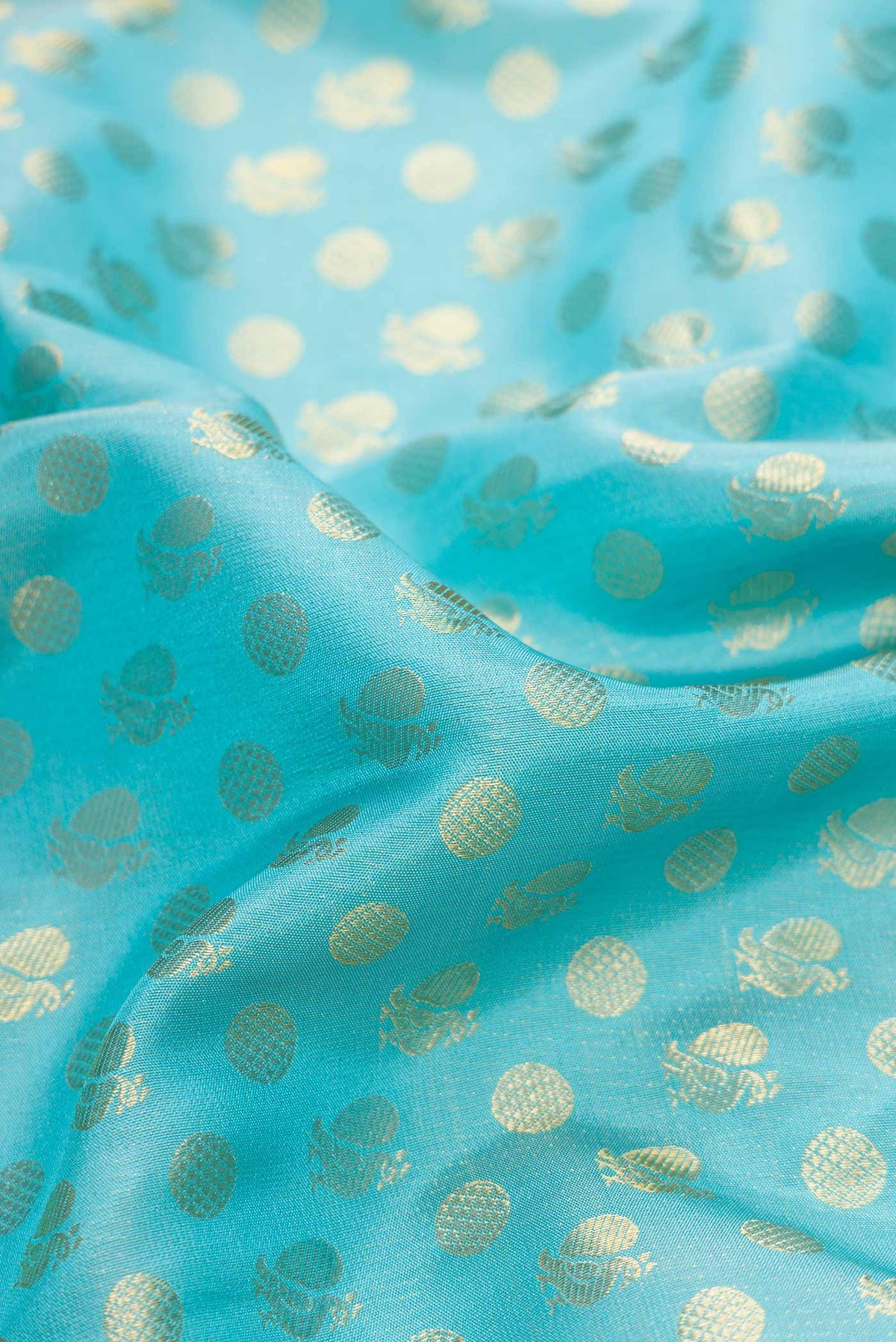 Close up of Sky Blue Dual Tone Kanjivaram Silk Saree with Zari Brocade on the body and Fancy Border.  displaying folds