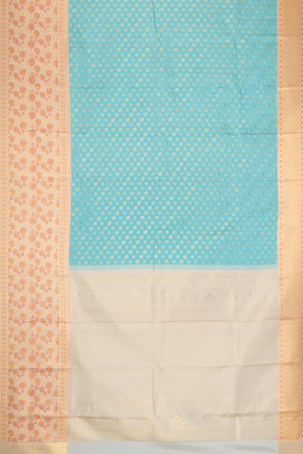 Flat view of Sky Blue Dual Tone Kanjivaram Silk Saree with Zari Brocade on the body and Fancy Border. 