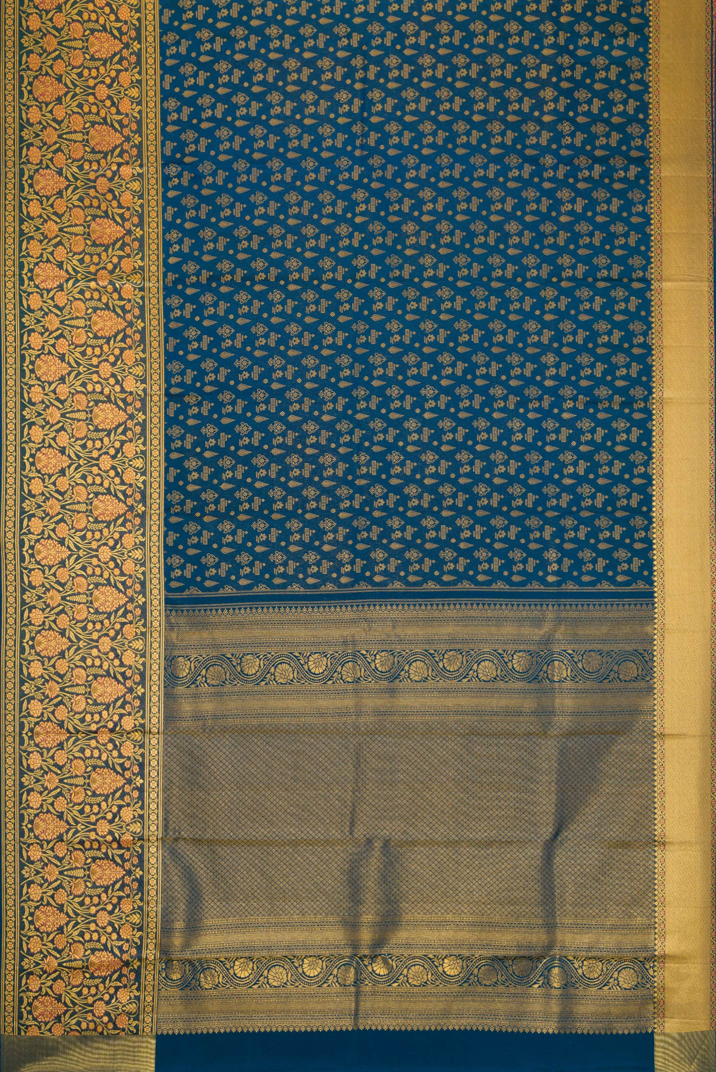 Flat view of Maya Blue Dual Tone Kanjivaram Silk Saree with Zari Brocade on the body and Fancy Border. 