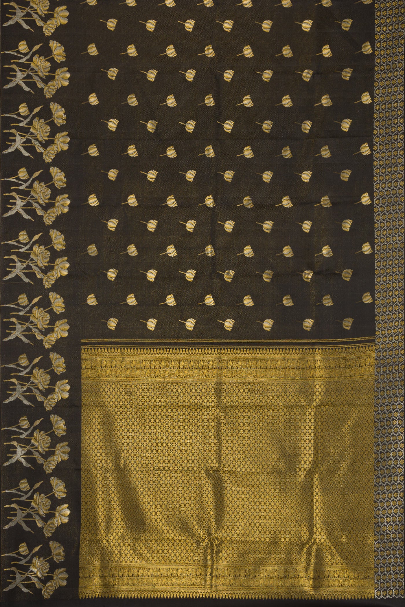 Flat view of Black Dual Tone Kanjivaram Silk Saree with Zari Butta on the body and Fancy Border. 
