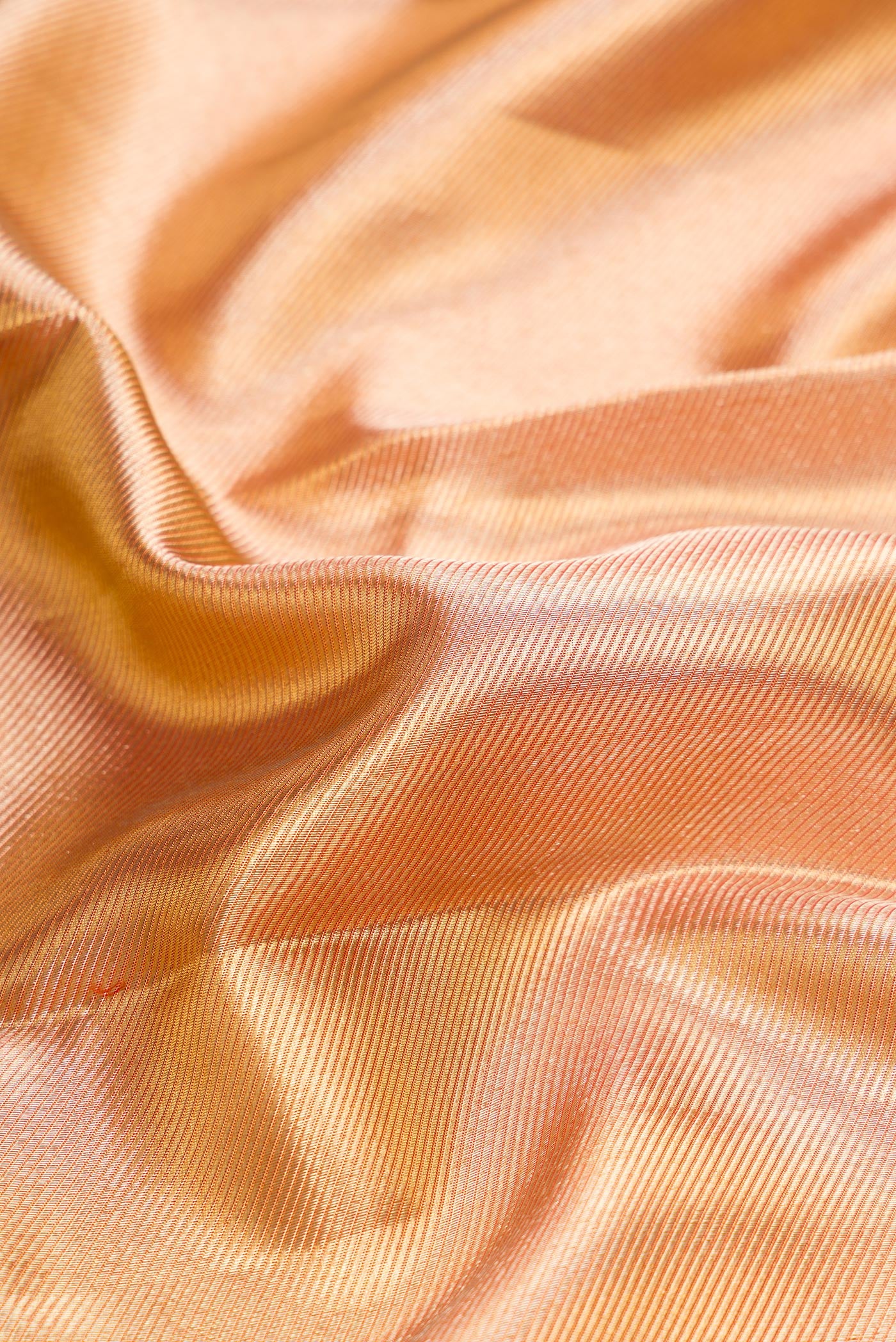 Close up of Gold Dual Tone Kanchipuram Tissue Silk Saree with Zari Brocade on the body and Fancy Border.  displaying folds