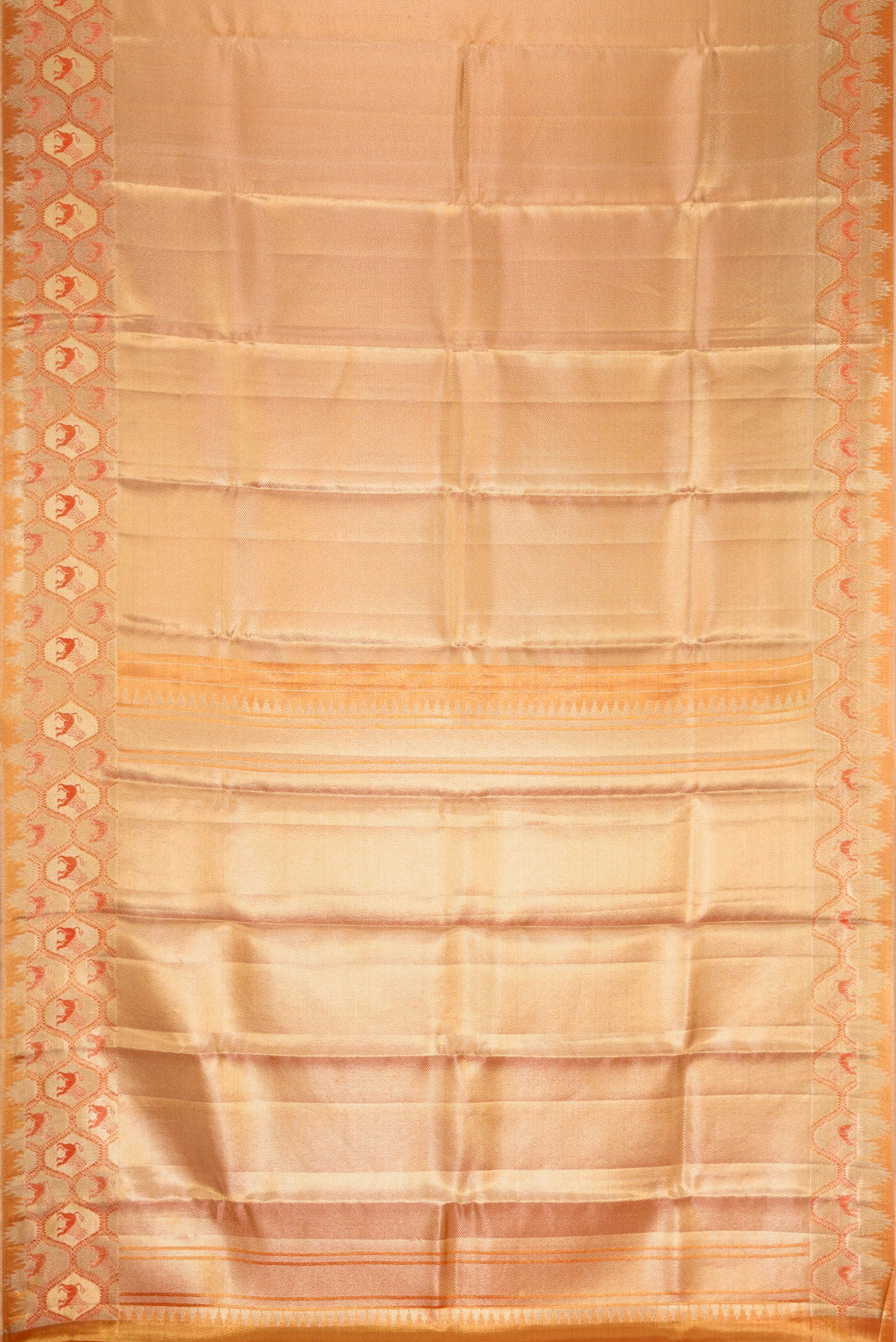 Flat view of Gold Dual Tone Kanchipuram Tissue Silk Saree with Zari Brocade on the body and Fancy Border. 