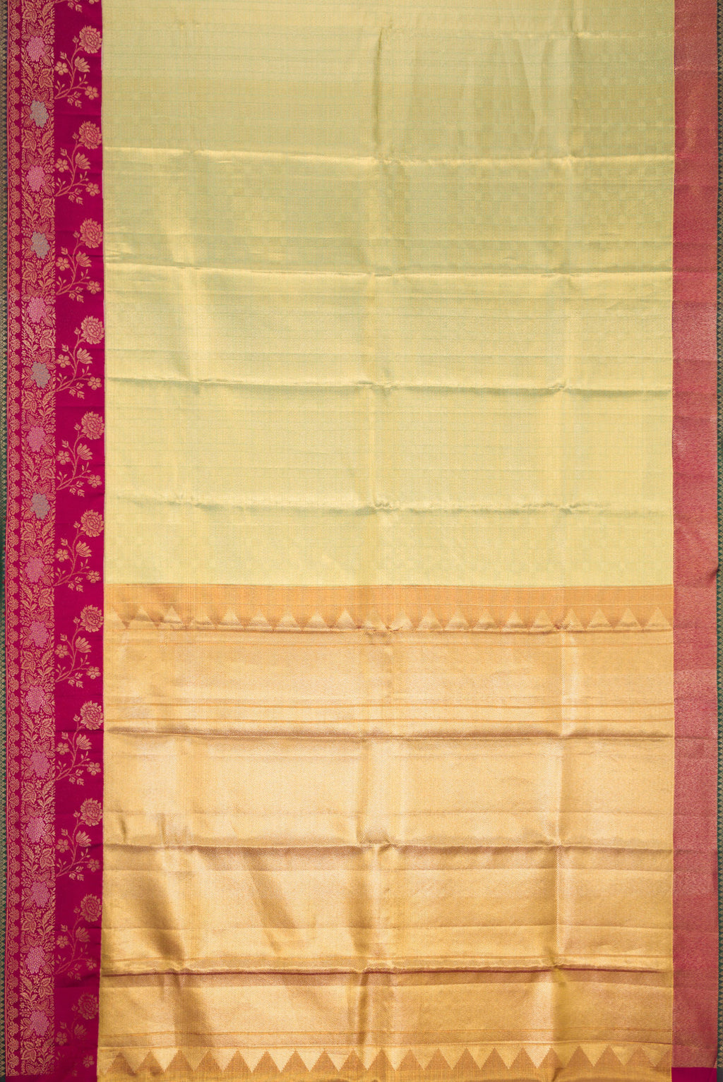 Flat view of Pista Green Dual Tone Kanjivaram Tissue Silk Saree with Zari Brocade on the body and Fancy Border. 