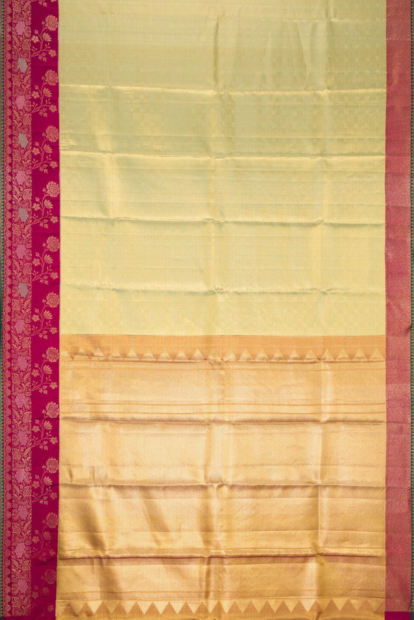 Flat view of Pista Green Dual Tone Kanjivaram Tissue Silk Saree with Zari Brocade on the body and Fancy Border. 