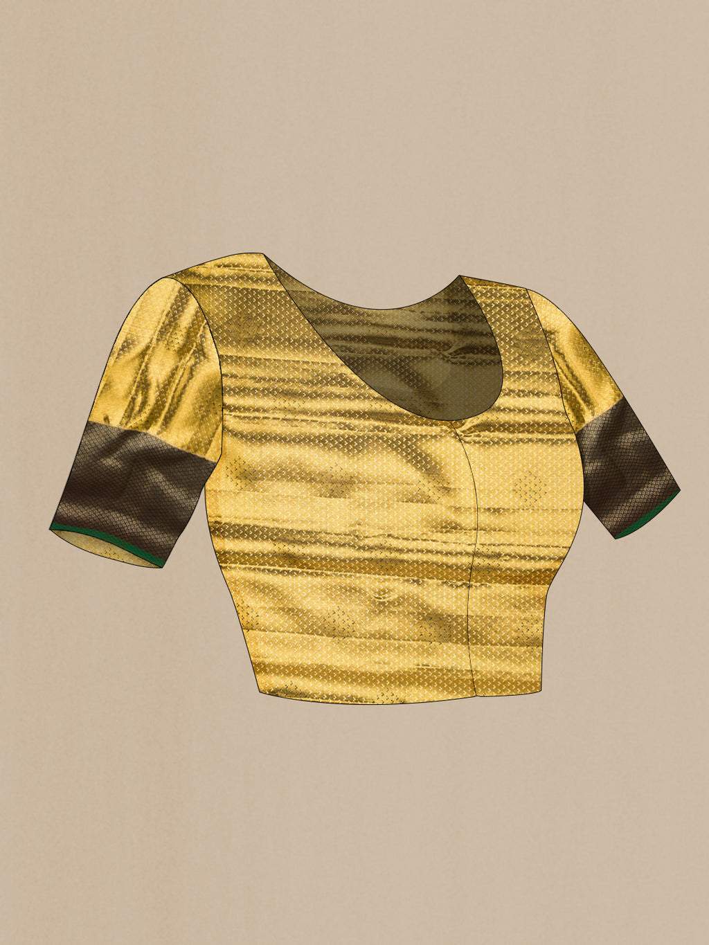 Close up image of the blouse of Gold Dual Tone Kanjivaram Tissue Silk Saree with Zari Brocade on the body and Fancy Border. 