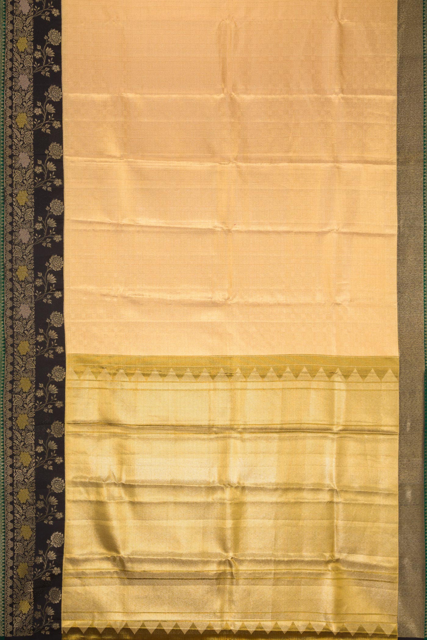 Flat view of Gold Dual Tone Kanjivaram Tissue Silk Saree with Zari Brocade on the body and Fancy Border. 