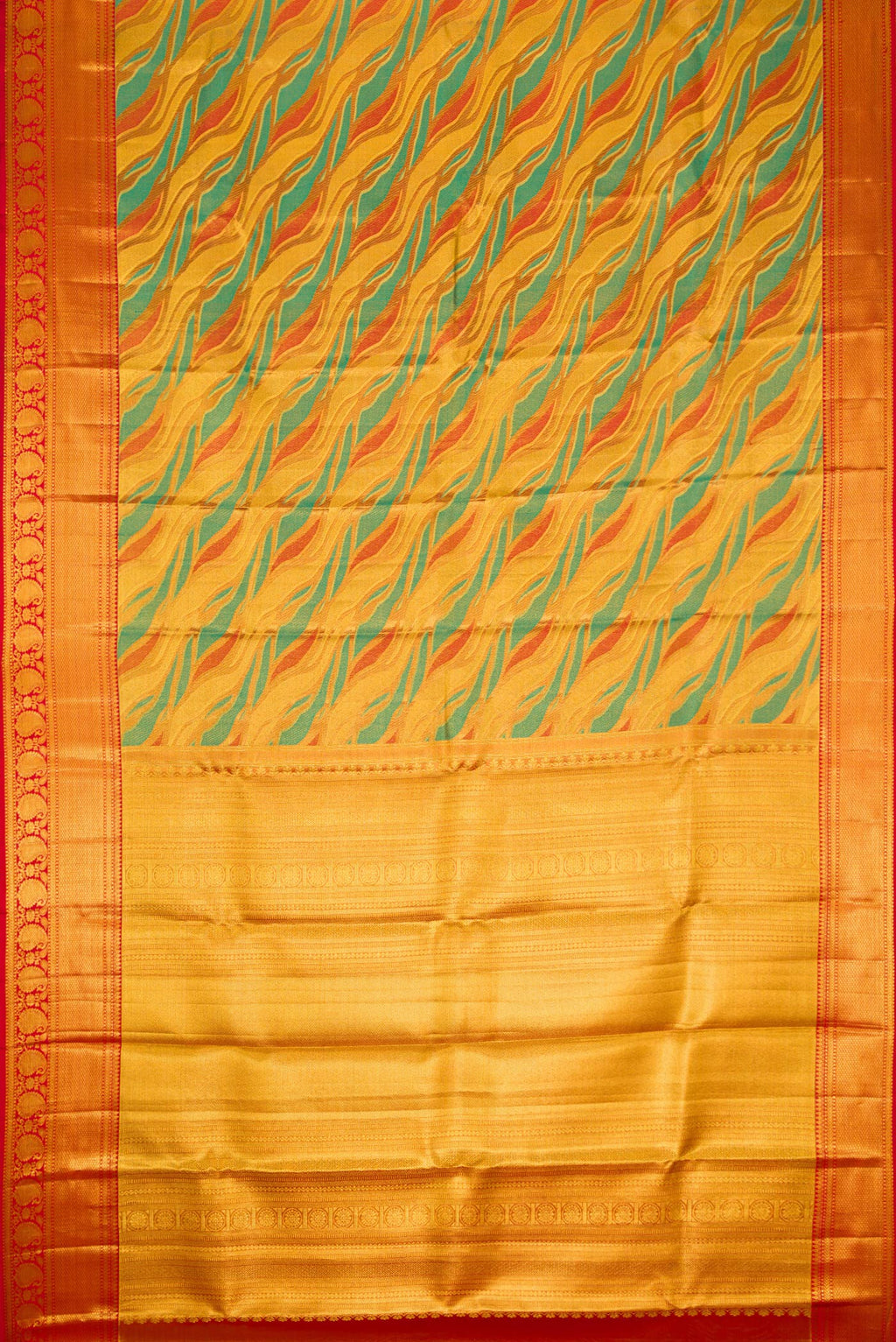 Flat view of Gold Dual Tone Kanjivaram Tissue Silk Saree with Zari Brocade on the body and Zari Border. 