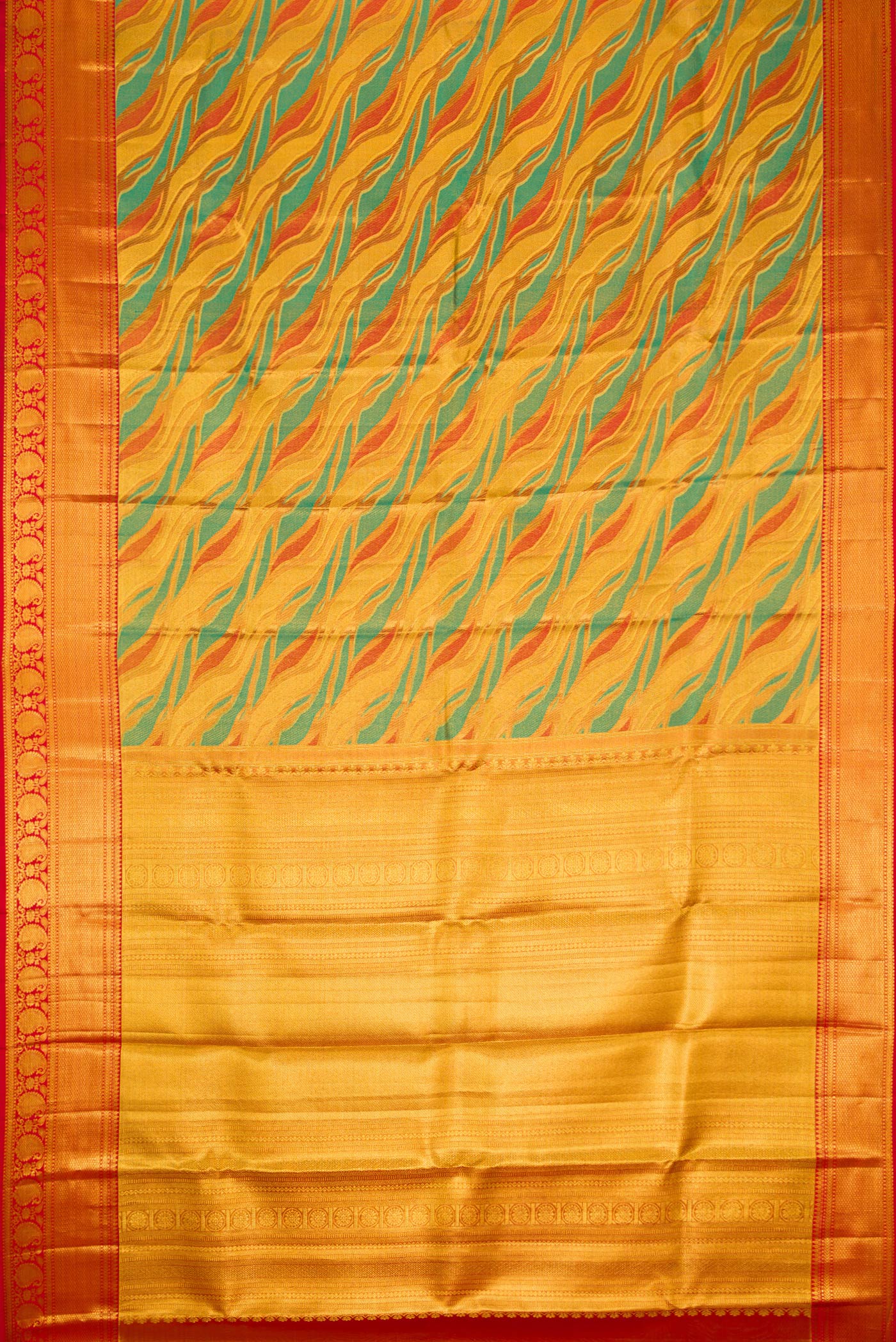 Flat view of Gold Dual Tone Kanjivaram Tissue Silk Saree with Zari Brocade on the body and Zari Border. 