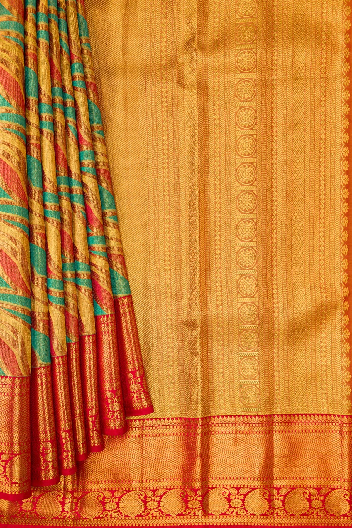 Pleats and pallu of Gold Dual Tone Kanjivaram Tissue Silk Saree with Zari Brocade on the body and Zari Border. 