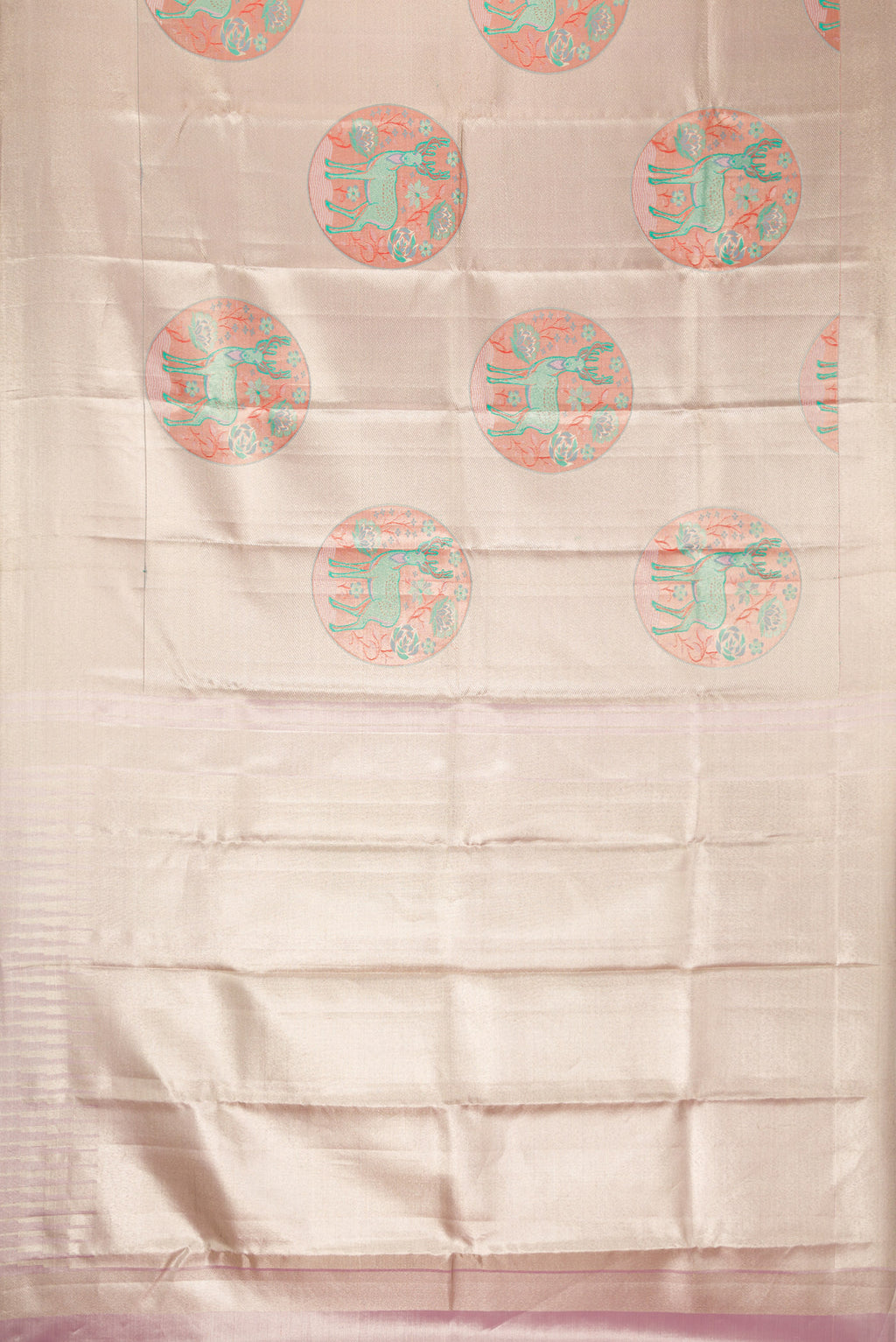 Flat view of Lavender Dual Tone Kanjivaram Tissue Silk Saree with Zari Brocade on the body and Zari Border. 