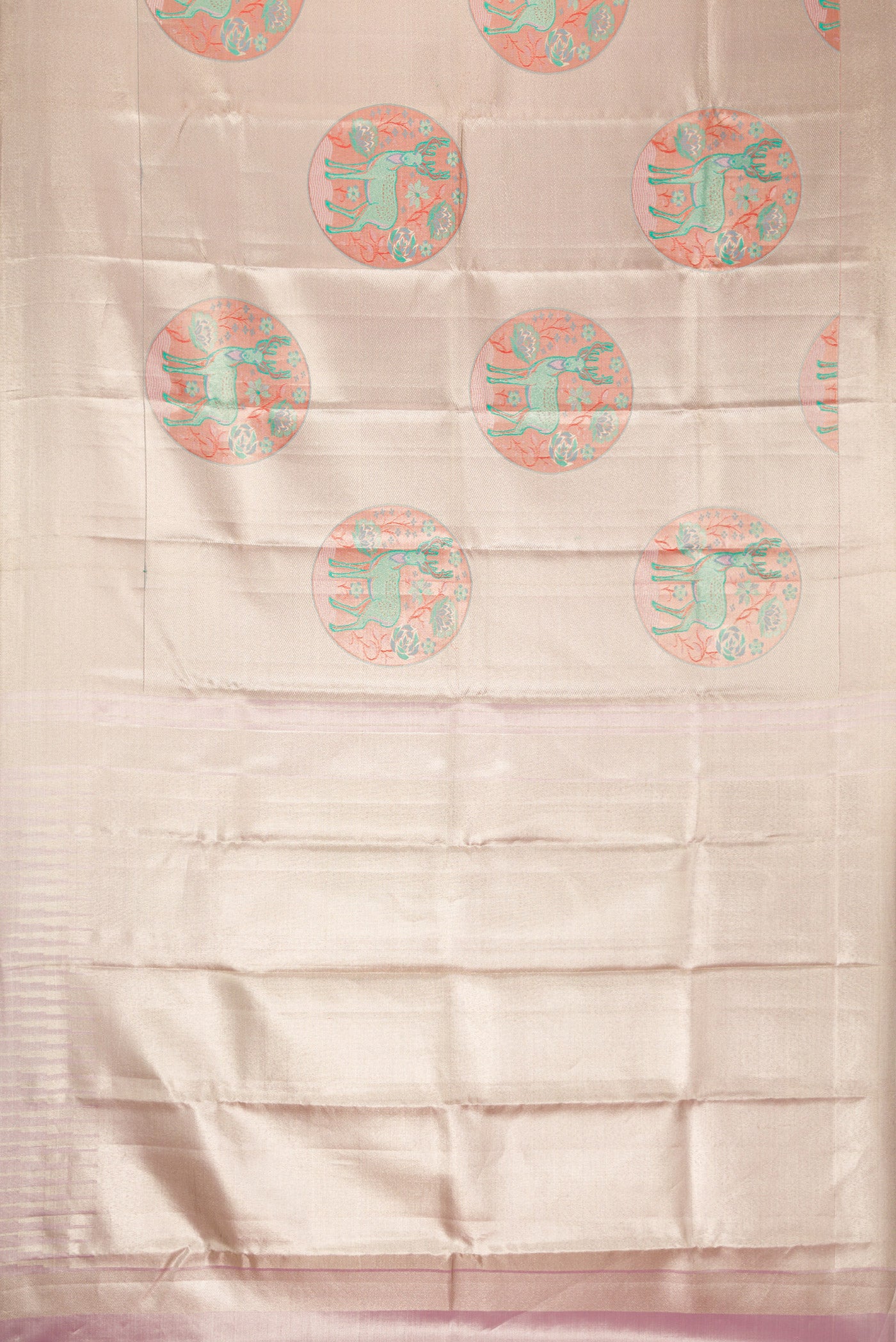 Flat view of Lavender Dual Tone Kanjivaram Tissue Silk Saree with Zari Brocade on the body and Zari Border. 