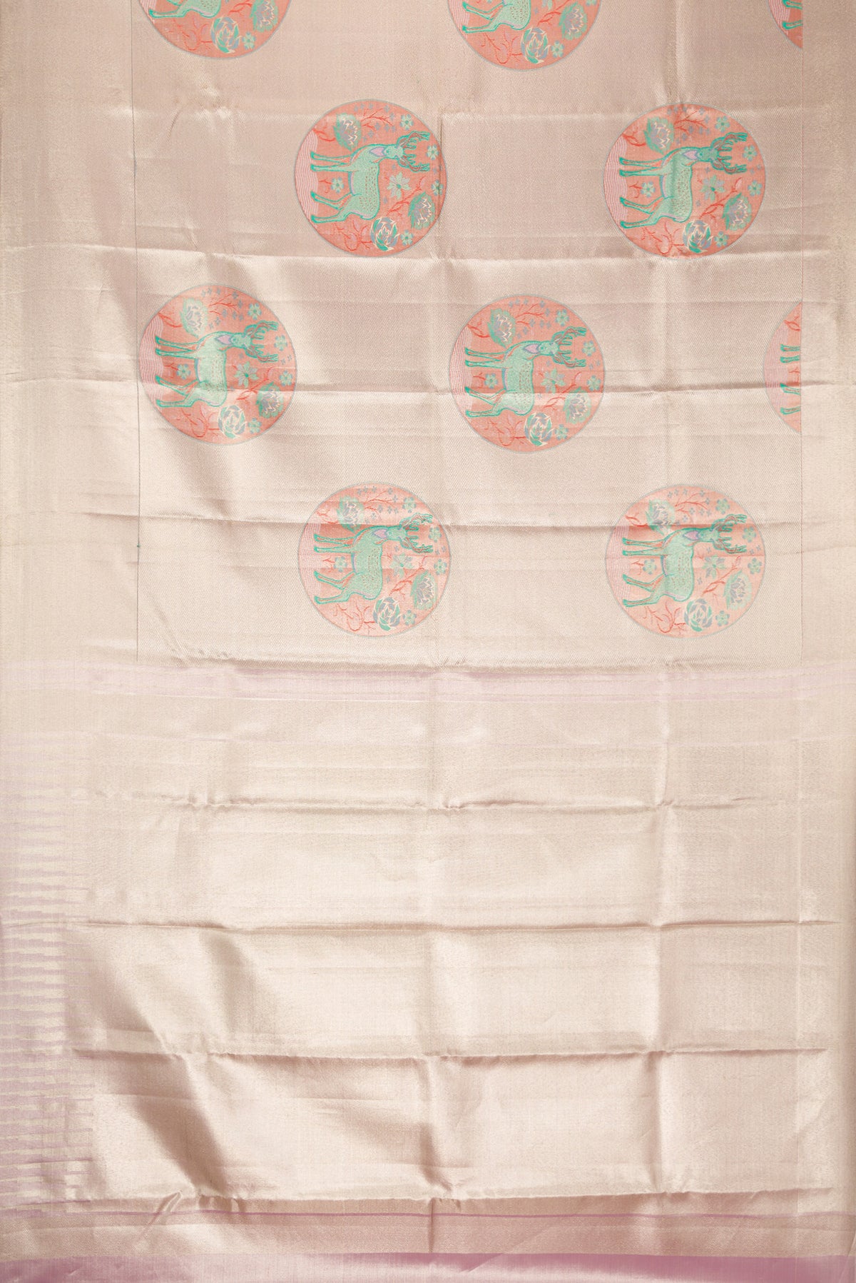 Flat view of Lavender Dual Tone Kanjivaram Tissue Silk Saree with Zari Brocade on the body and Zari Border. 