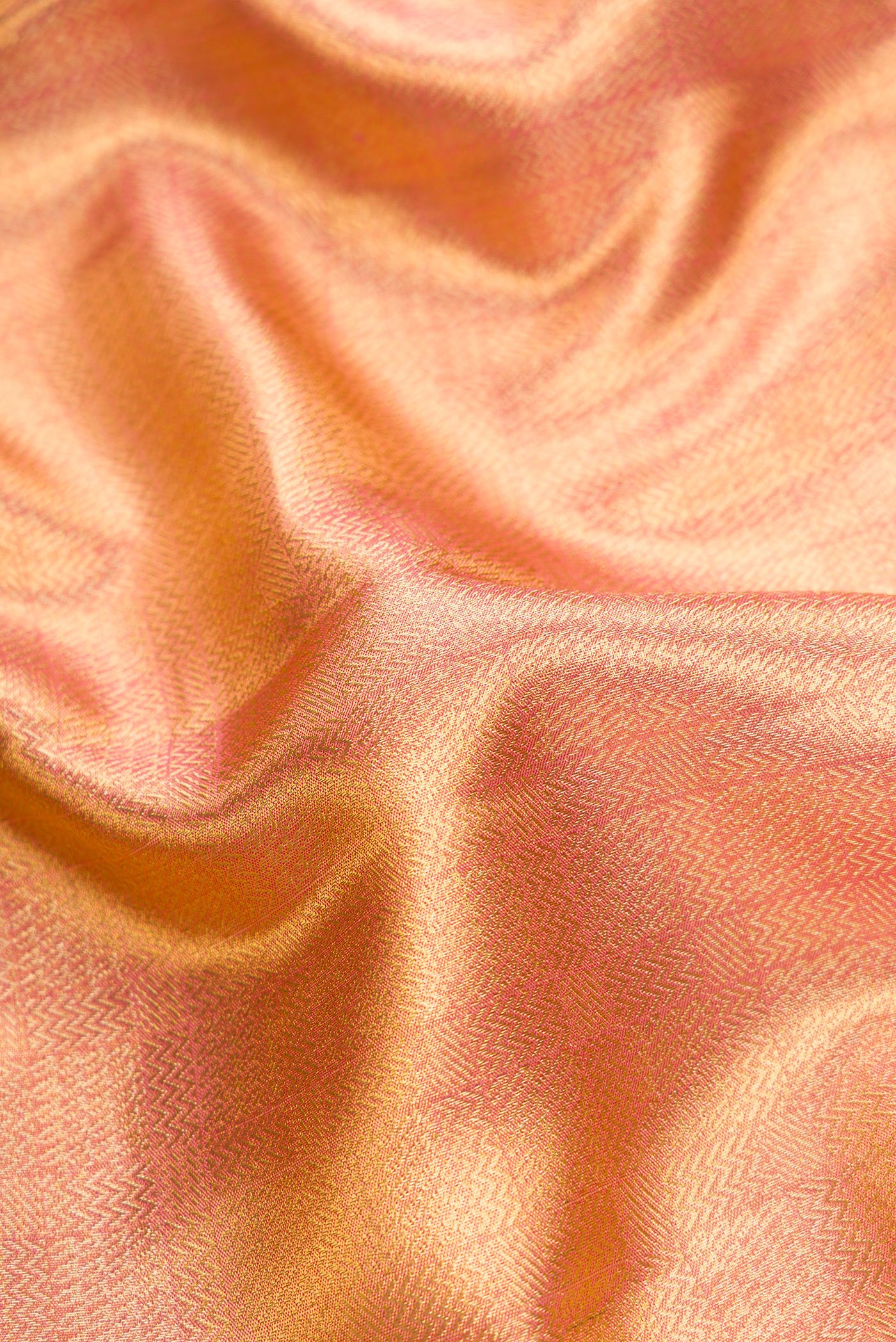 Close up of Gold Dual Tone Kanjivaram Tissue Silk Saree with Zari Brocade on the body and Fancy Border.  displaying folds