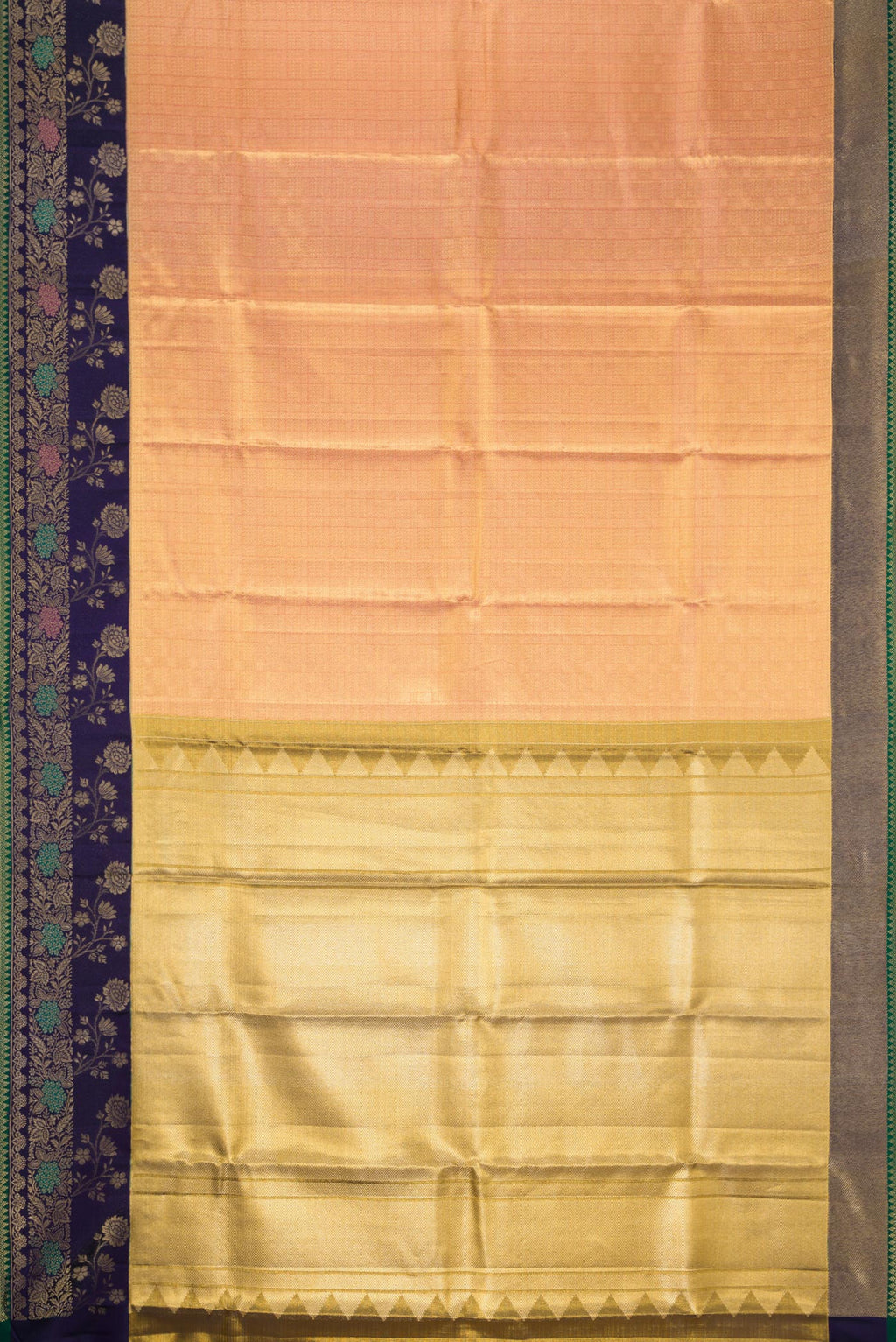 Flat view of Gold Dual Tone Kanjivaram Tissue Silk Saree with Zari Brocade on the body and Fancy Border. 