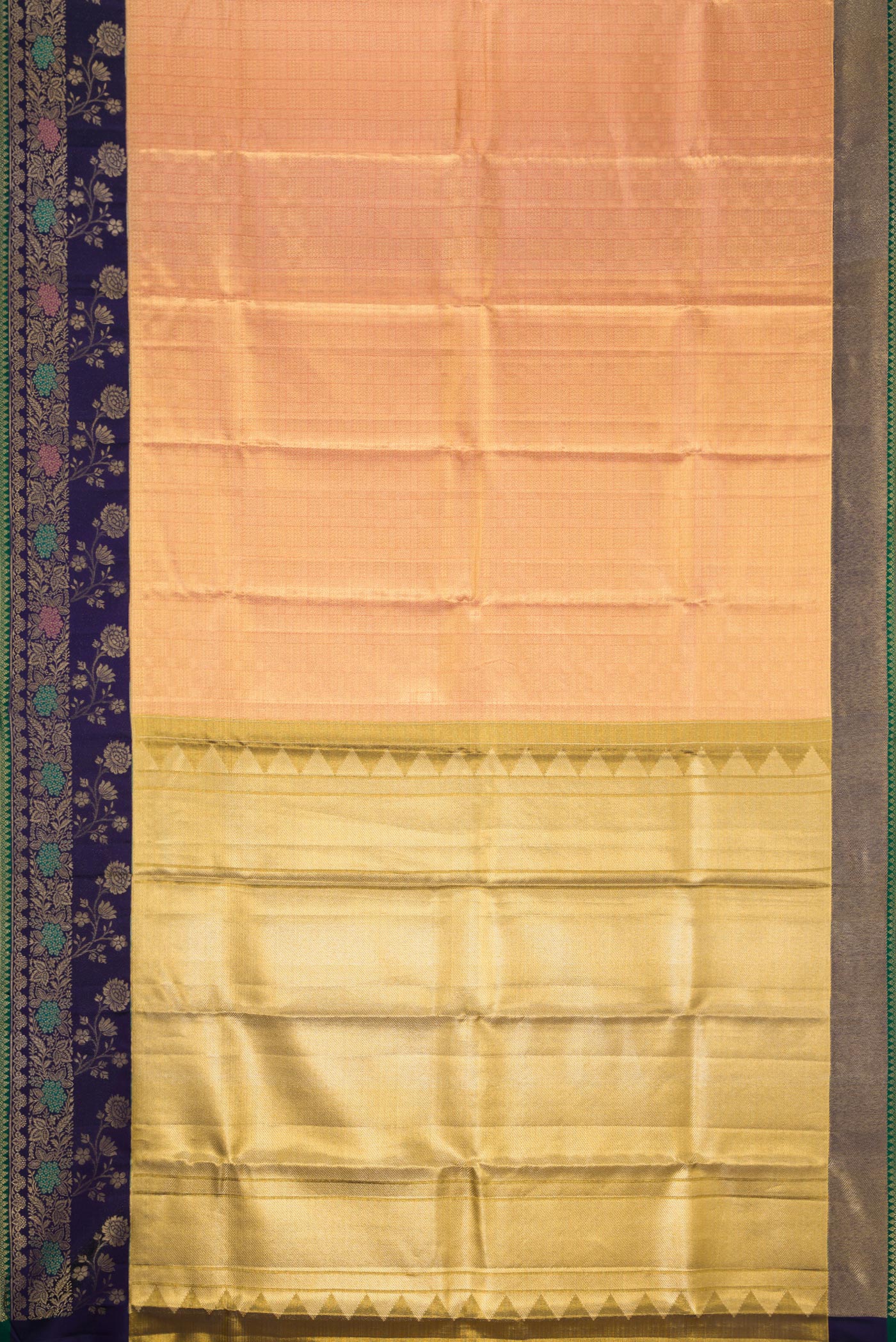 Flat view of Gold Dual Tone Kanjivaram Tissue Silk Saree with Zari Brocade on the body and Fancy Border. 